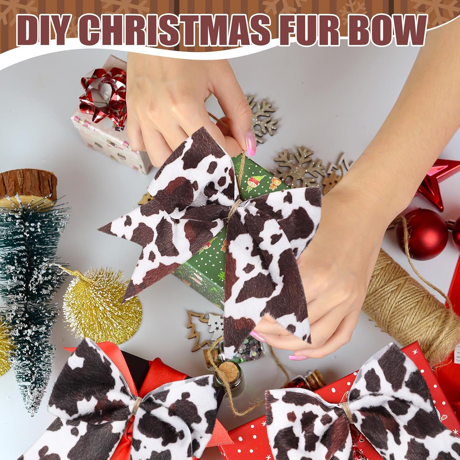 Liliful 12 Pcs Christmas Cowhide Bows Tree Ornament Faux Fur Large 6 Inch Western Cow Tree Toppers Christmas Wreaths Bows Hanging Country Farmhouse Rustic Holiday Craft Xmas Ribbon for Xmas Decor