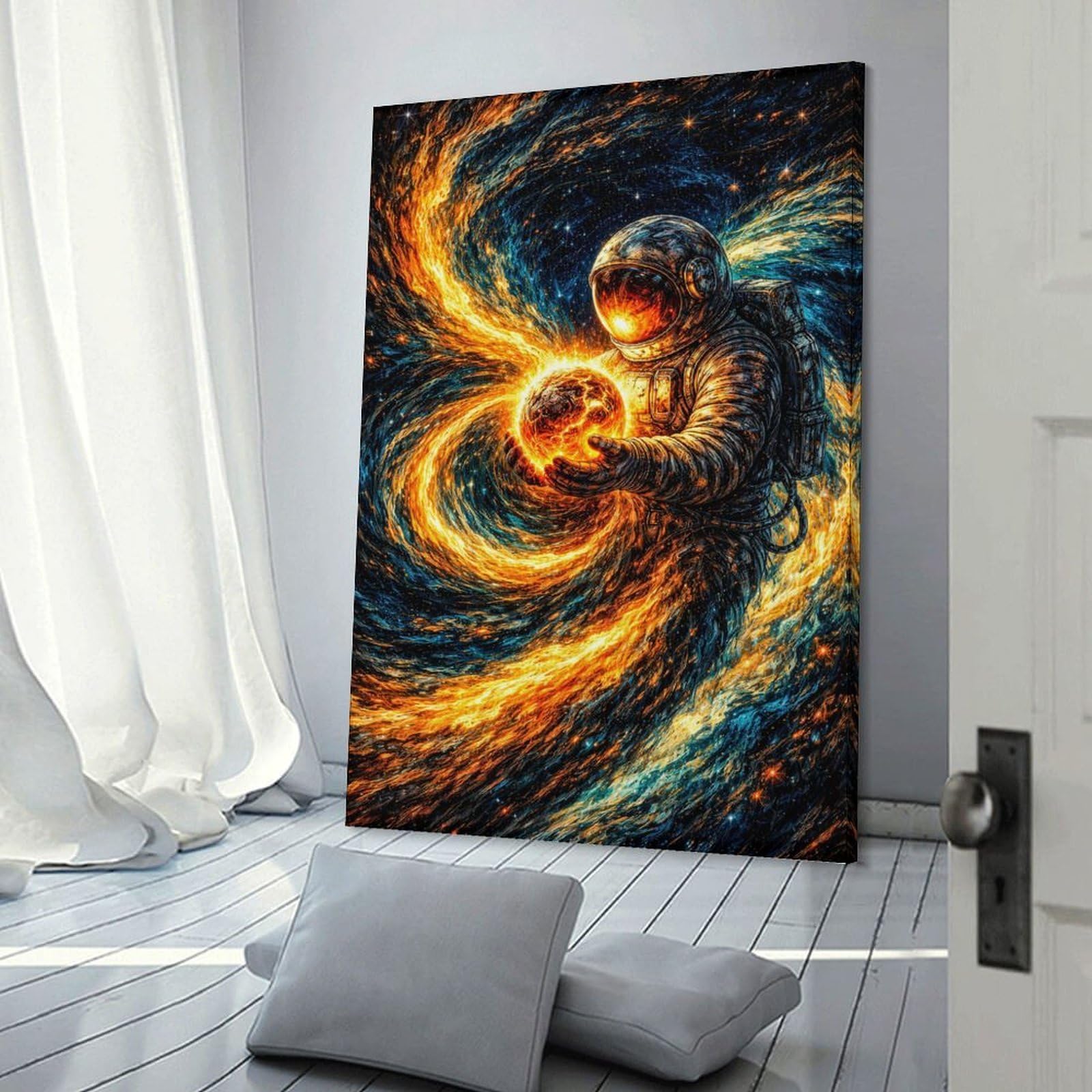 Junmoney Decorative Canvas Print Astronaut Holding A Fiery Planet, 20x30inch(50x75cm), for Living Room, Bedroom Or Home Office, Home Decor Gift with Stylish Appeal
