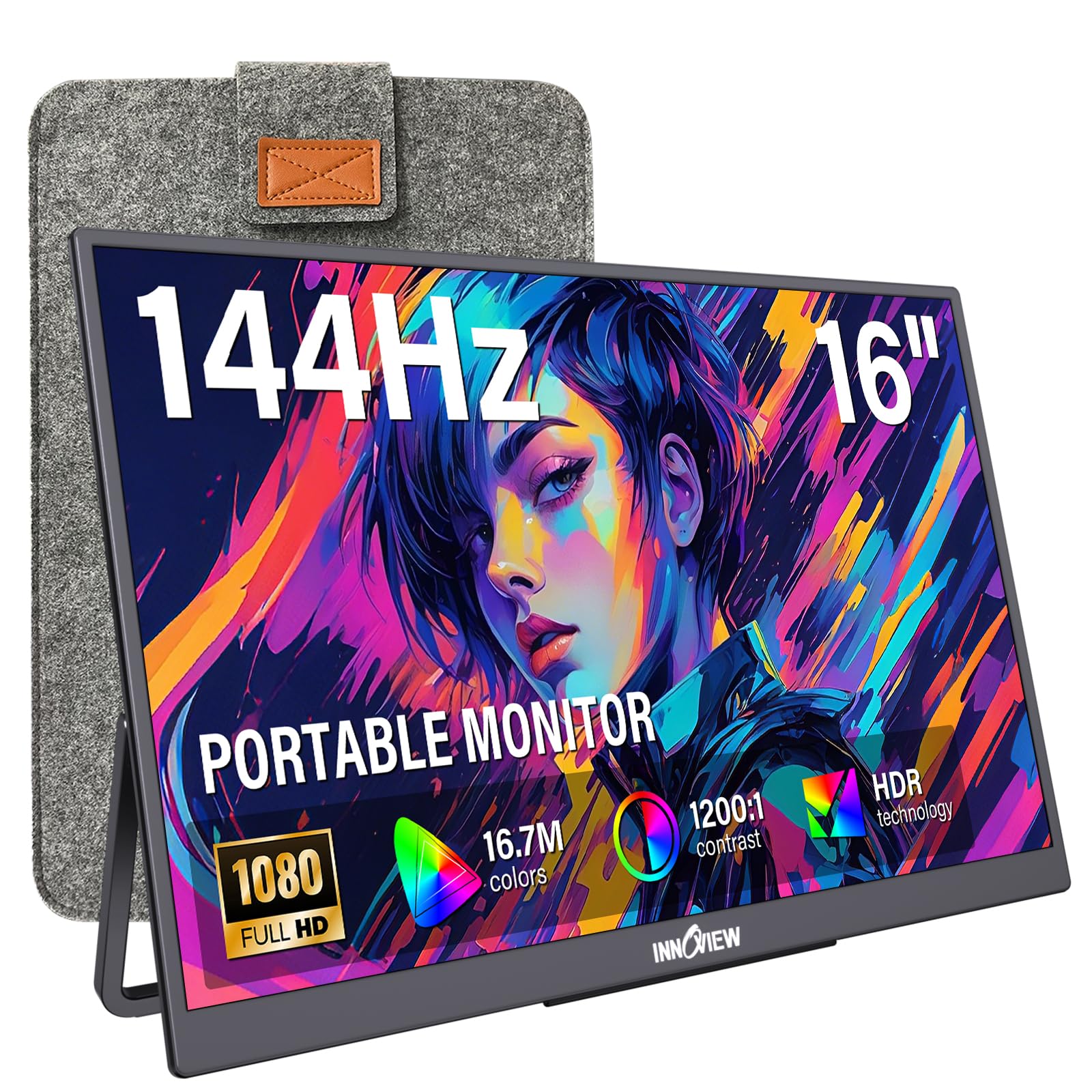 InnoView Monitor portatile da 16", 144 Hz, FHD 1200P, secondo schermo mobile per laptop, MacBook, PS5, Xbox, con custodia, alimentatore di rete non incluso