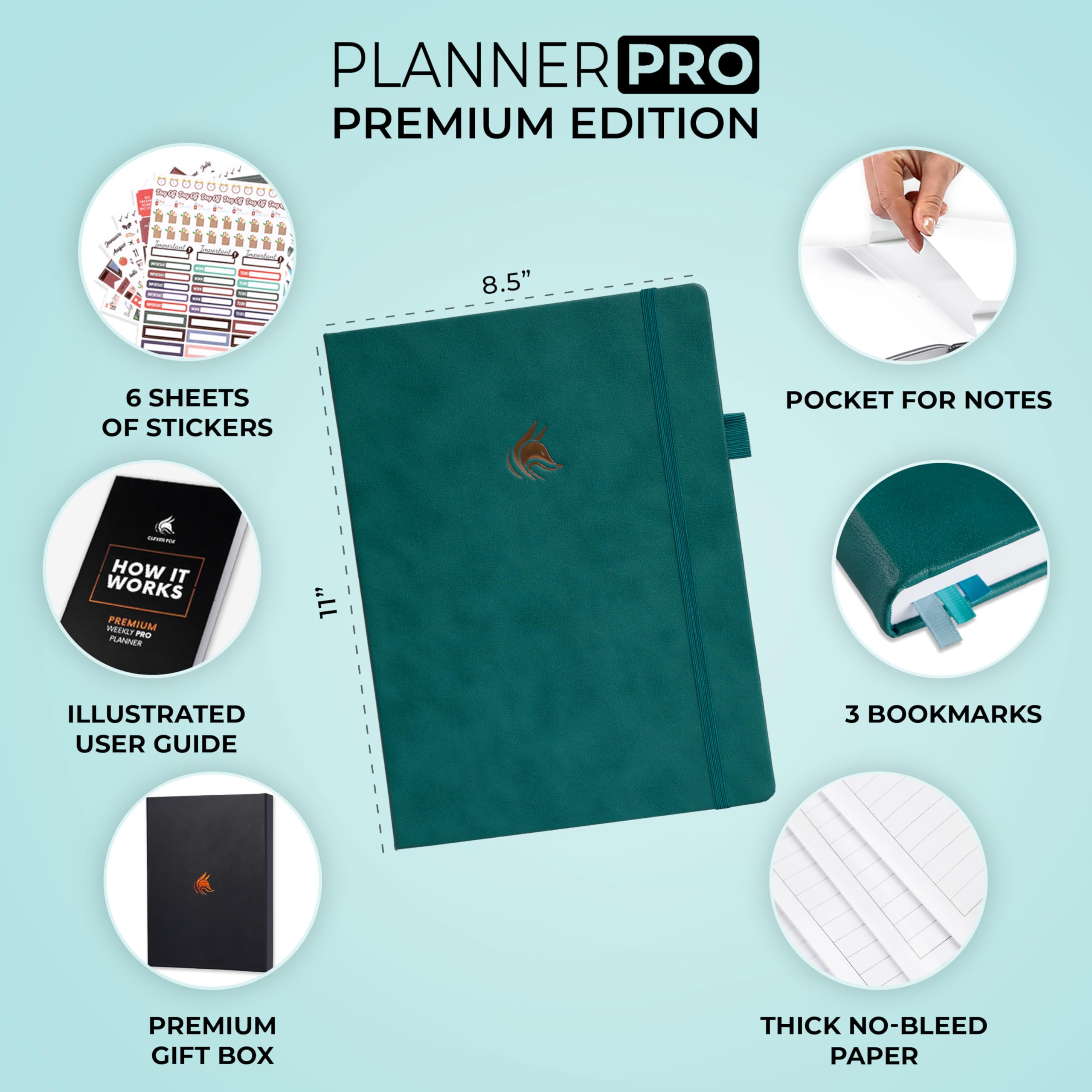 Clever Fox Planner Pro Premium - Lujoso planificador semanal y mensual con organizador de presupuesto para productividad y objetivos, sin fecha, A4 (verde azulado)
