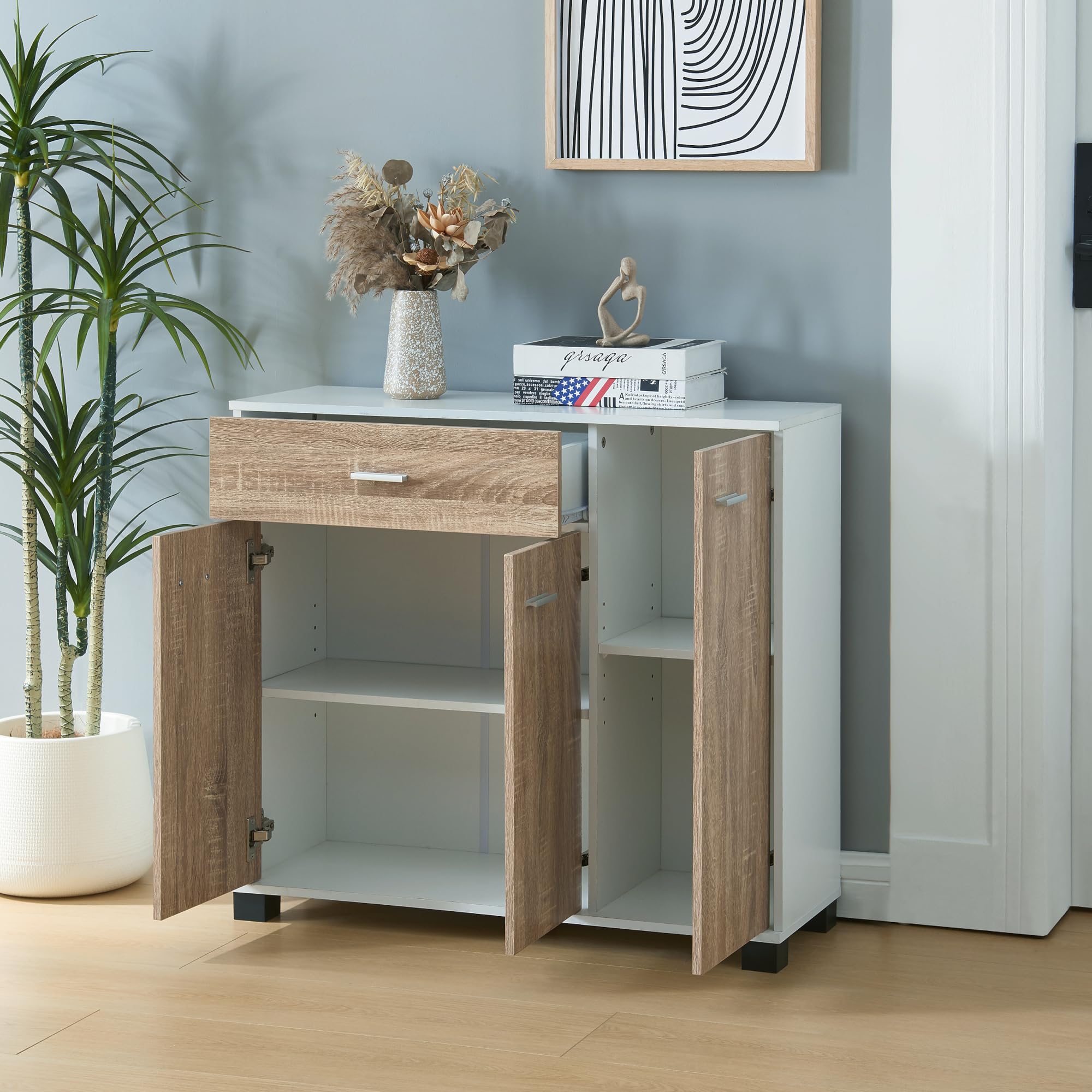 [en.casa] Comò Armadio Basso Madia con Cassetto e Ante Armadietto Stretto Multiuso Mobile Portascarpe 72 x 80 x 28 cm - Bianco/Effetto Rovere