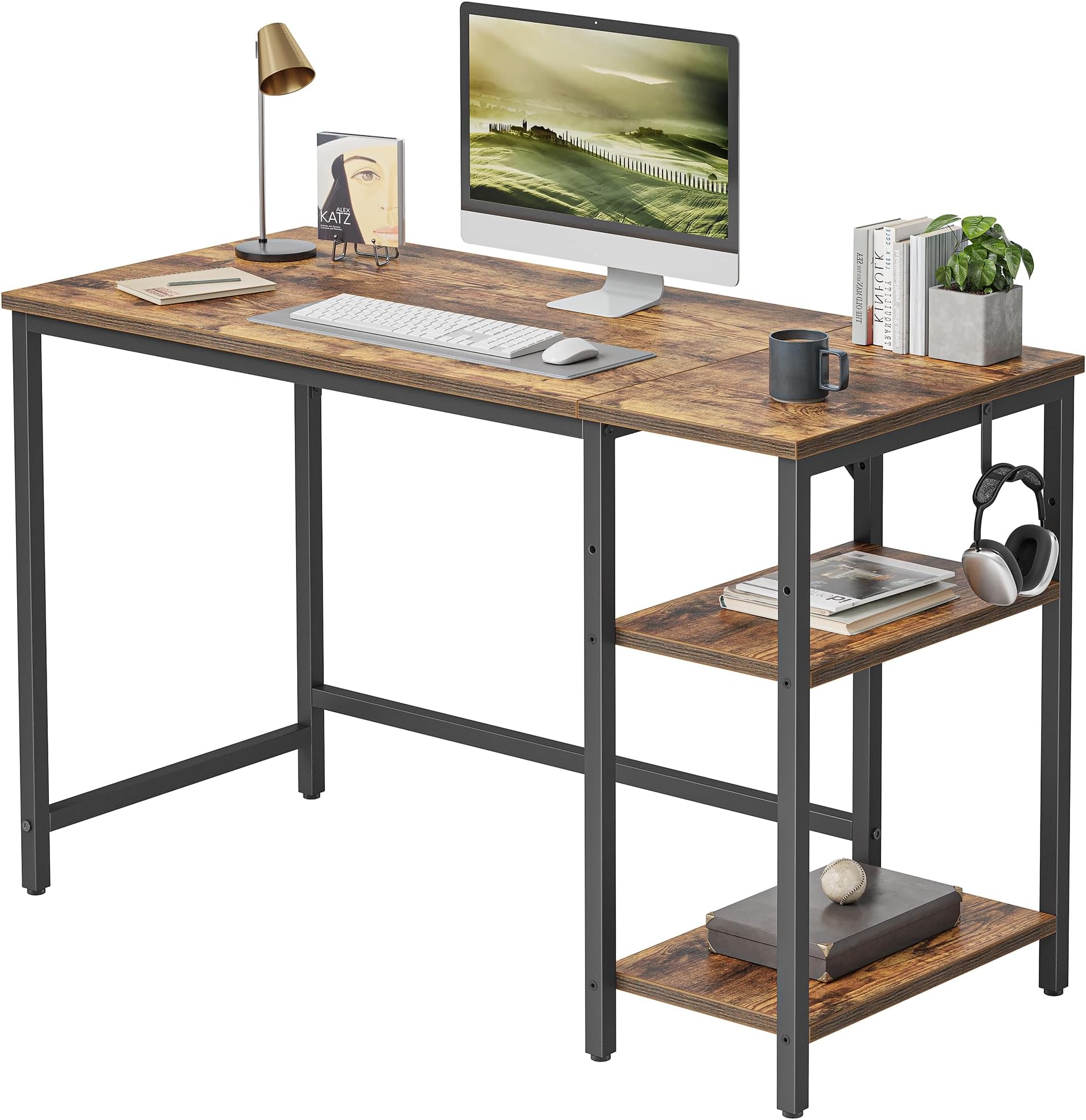 CubiCubi Computer Home Office Desk, 120 cm Small Study Writing Table with Storage Shelves, Modern Simple PC Desk with Splice Board, Brown
