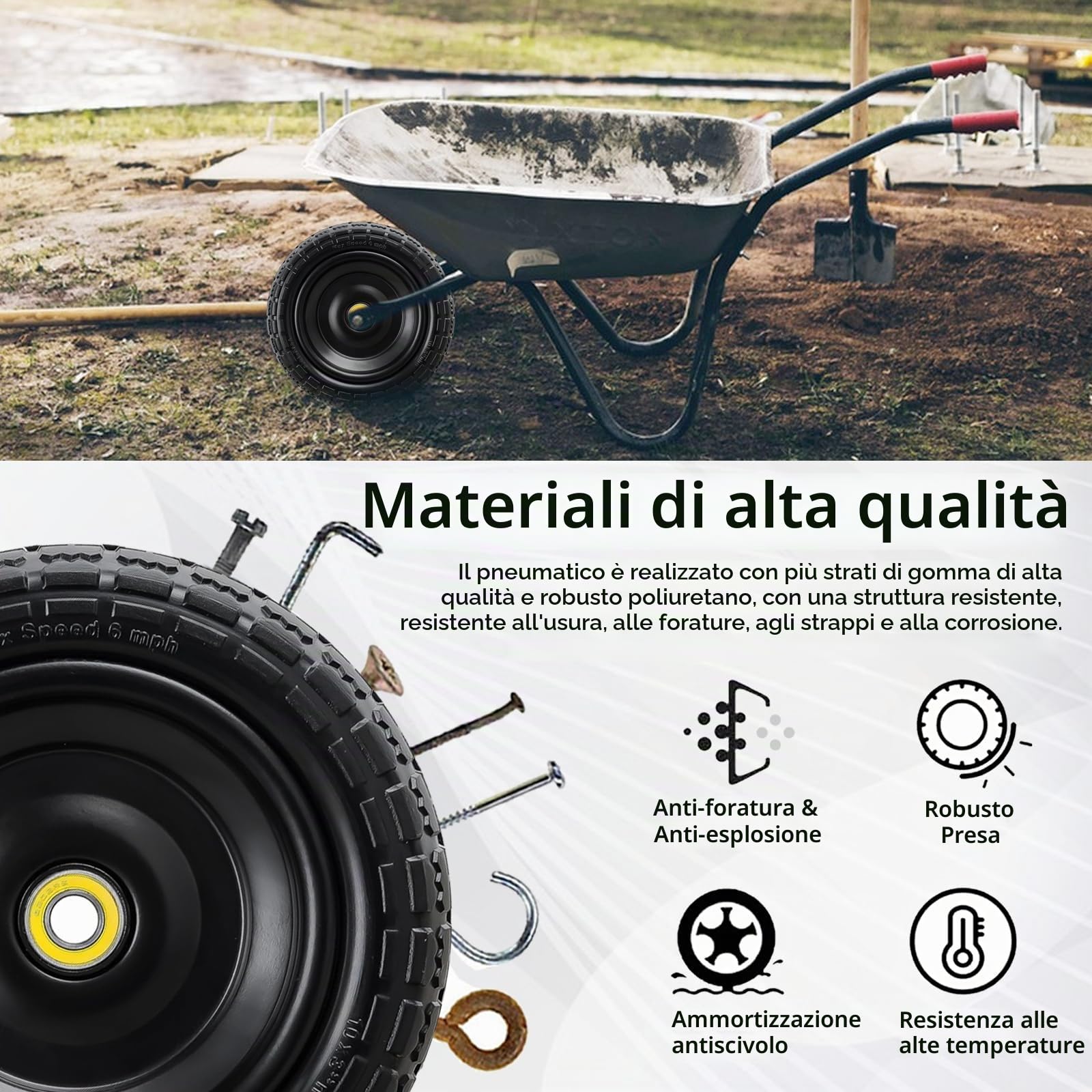Confezione da 2 pneumatici per carriola da 13 pollici, 4,00 – 6 pneumatici pieni da 5/8 pollici, pneumatici larghi da 3,2 pollici, pneumatici in gomma piena, per carriole da giardino, carrelli a sacco