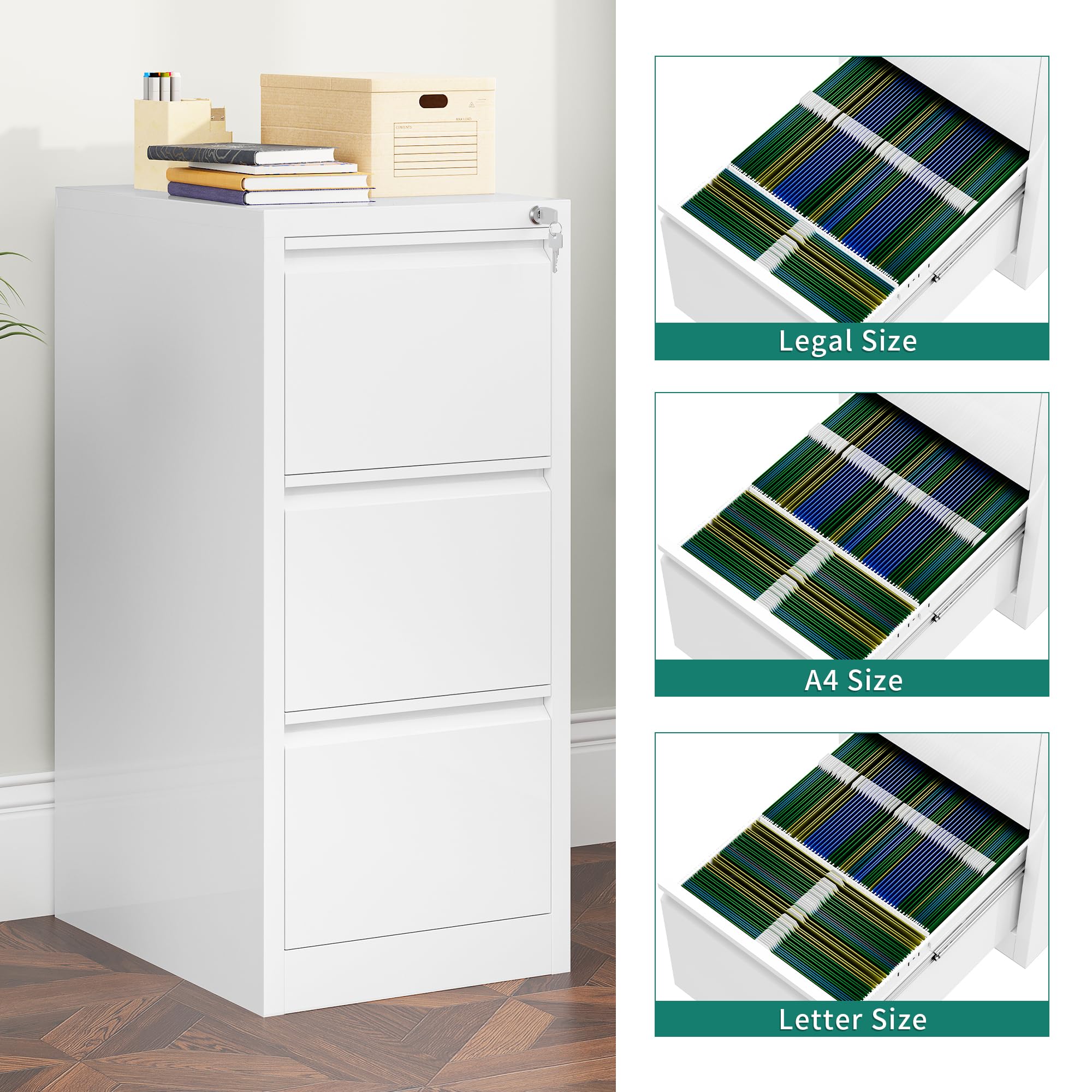 YITAHOME Aktenschrank mit 3 Abschließbaren Schubladen, Kippsicherer Rollender Aktenschrank mit Rädern für das Büro zu Hause, Unter-Pult-Aktenschränke, weiß, 62 x 45.8 x 102.5cm