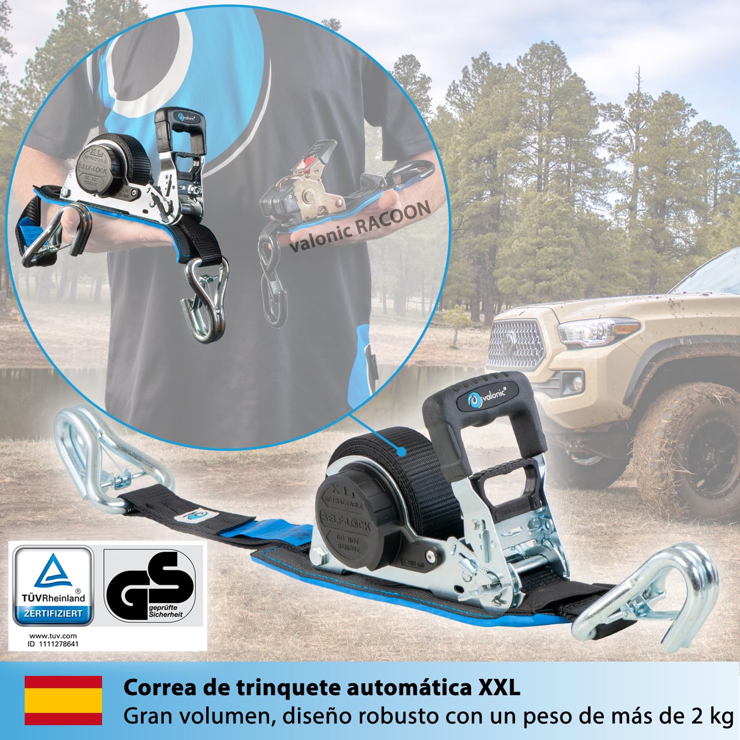 valonic Grizzly - 2X 5m XXL Cinchas de Amarre automáticas con mosquetón, 35mm, 800/1600 KG, Acolchadas, Certificado TÜV Rheinl. & GS, EN-12195-2 - con trinquete, Negro