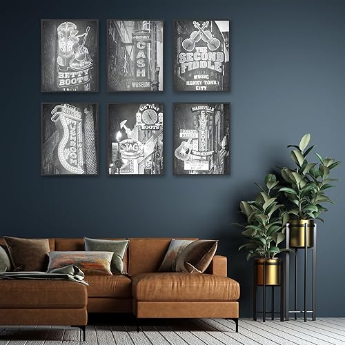 Miniatura 2 de Póster vintage de Nashville para pared, diseño retro en blanco y negro de Nashville, Tennessee, música country, guitarra, arte del centro, lienzo