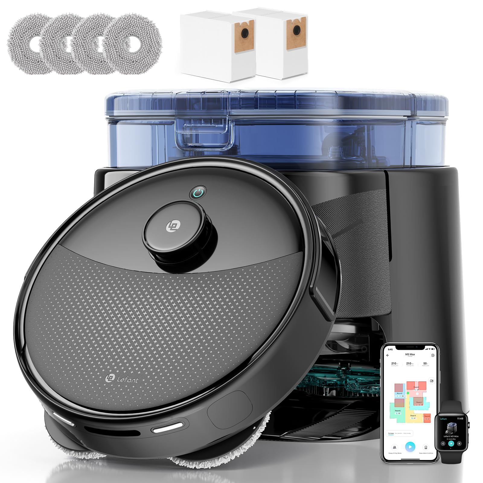 LEFANT M3 Max Robot Aspirapolvere Lavapavimenti con Mappatura, Aspirazione 20000Pa, Laser dToF, Sensori PSD, Autosvuotamento 3,2L, Lavaggio Mop 45°C, Asciugatura, WiFi 2.4G/5G, Alexa/App, Grigio