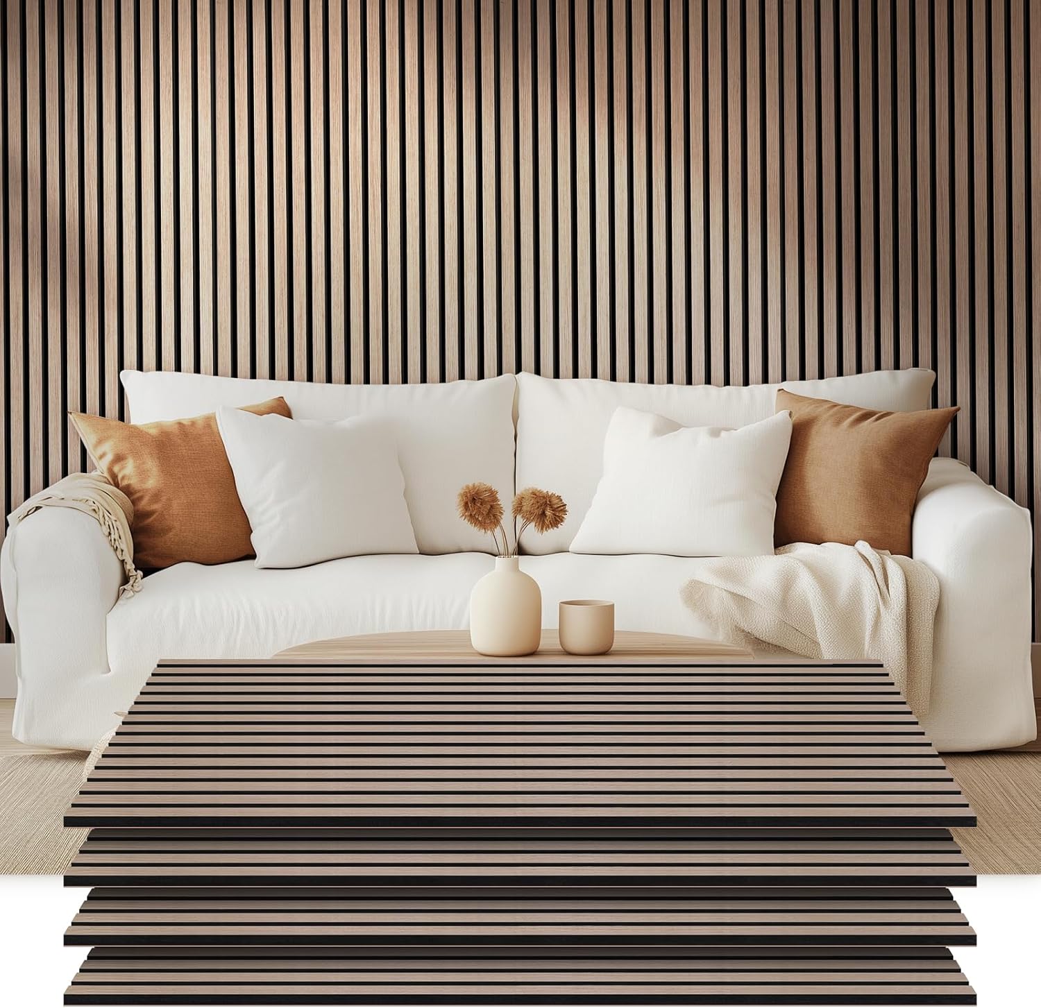 Camola Wood Slat Acoustic Wall Panels, 4 Pack 47.2"x23.6" Self-Adhesive Sound Absorbing Panels for Interior Wall Decor 3D Fluted Sound Dampening Panels for Bedroom Living Room Office Studio (Walnut)