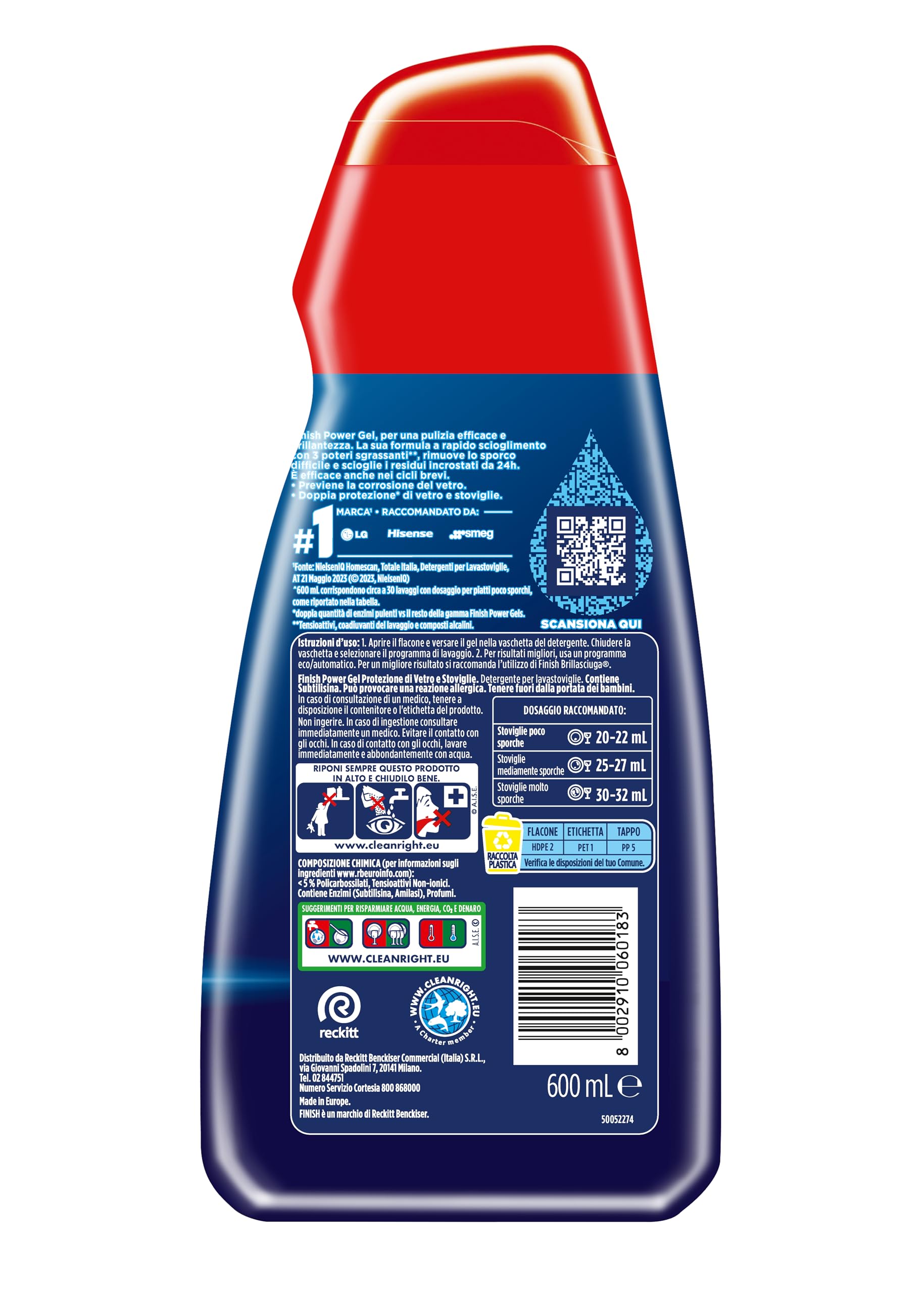 Finish Powergel - Gel detergente líquido para lavavajillas, multiacción, 100% vajilla más protegida, 360 lavados, multicolor, 12 paquetes de 30 lavados, sin perfume, 7200 ml