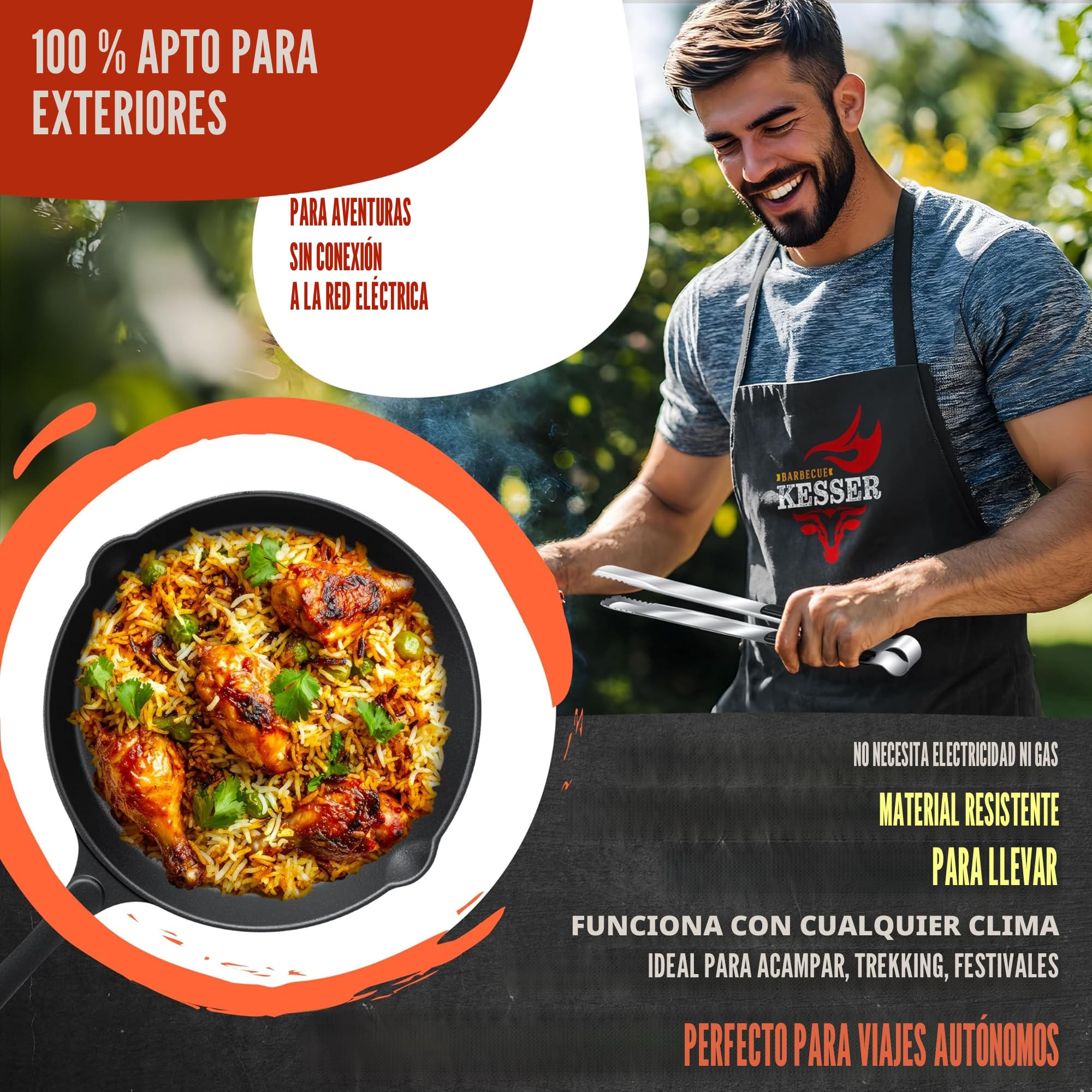 KESSER® Horno de Cohetes Con Sartén de Hierro Fundido, Parrilla, Pinzas y Bolsa de Transporte, Horno Holandés Para Barbacoa, Cohete de Leña, Camping, de Acero Inoxidable