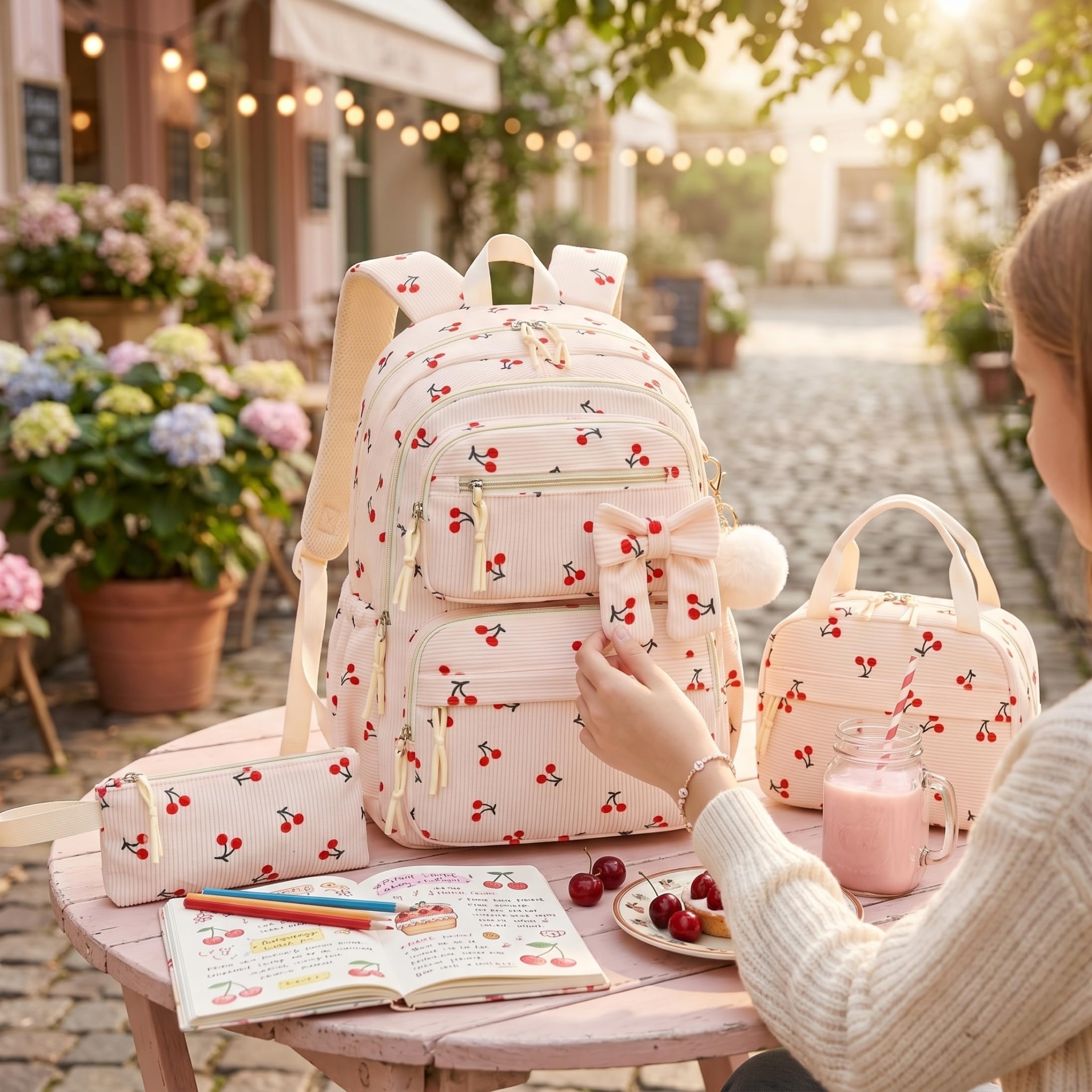 3 unids/set mochila de cereza, linda mochila de pana con paquete de comida y estuche para lápices para niñas y mujeres, beige, preppy, cereza