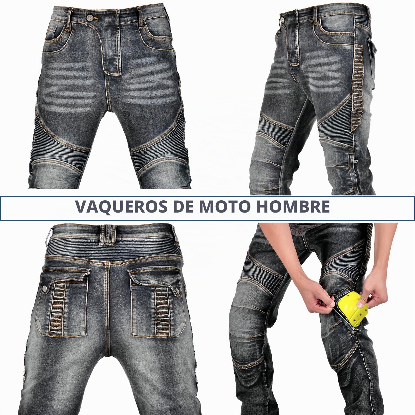 Pantalon Moto Hombre, Pantalon Vaquero Moto para Pantalones de Carreras de Motocross, Pantalon Moto Elástico, Jeans de Moto, 4 x Equipo de Protección (Negro,L)