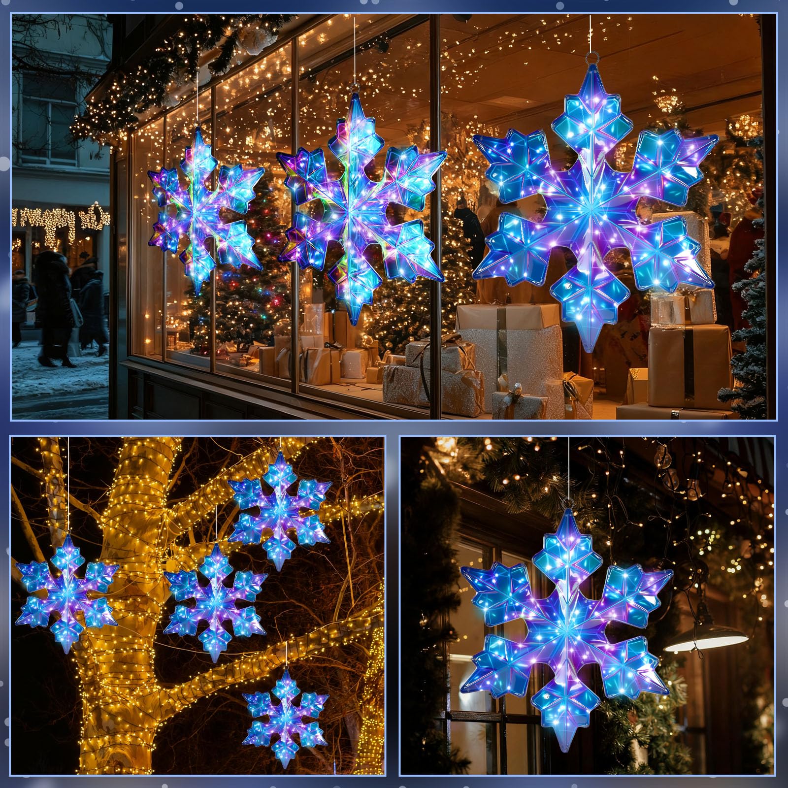 Nuanchu Grande guirlande lumineuse de Noël en forme de flocon de neige de 63,5 cm pré-éclairée à 155 DEL à suspendre pour grande fenêtre, lumières prismatiques irisées, imperméables pour Noël, maison