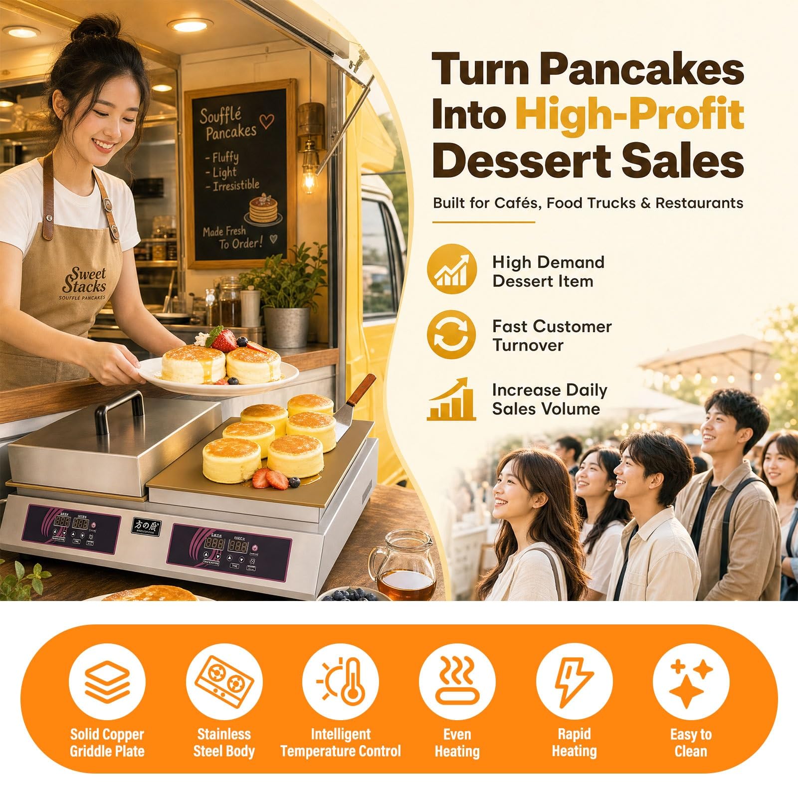 Maquina Para Pancakes Crepera Electrica, Hotcake Maker, Mini Pancake Maker Con Plancha De Laton, Regulacion De Temperatura Para Cafeteria Restaurante Food Truck(Single-Head)