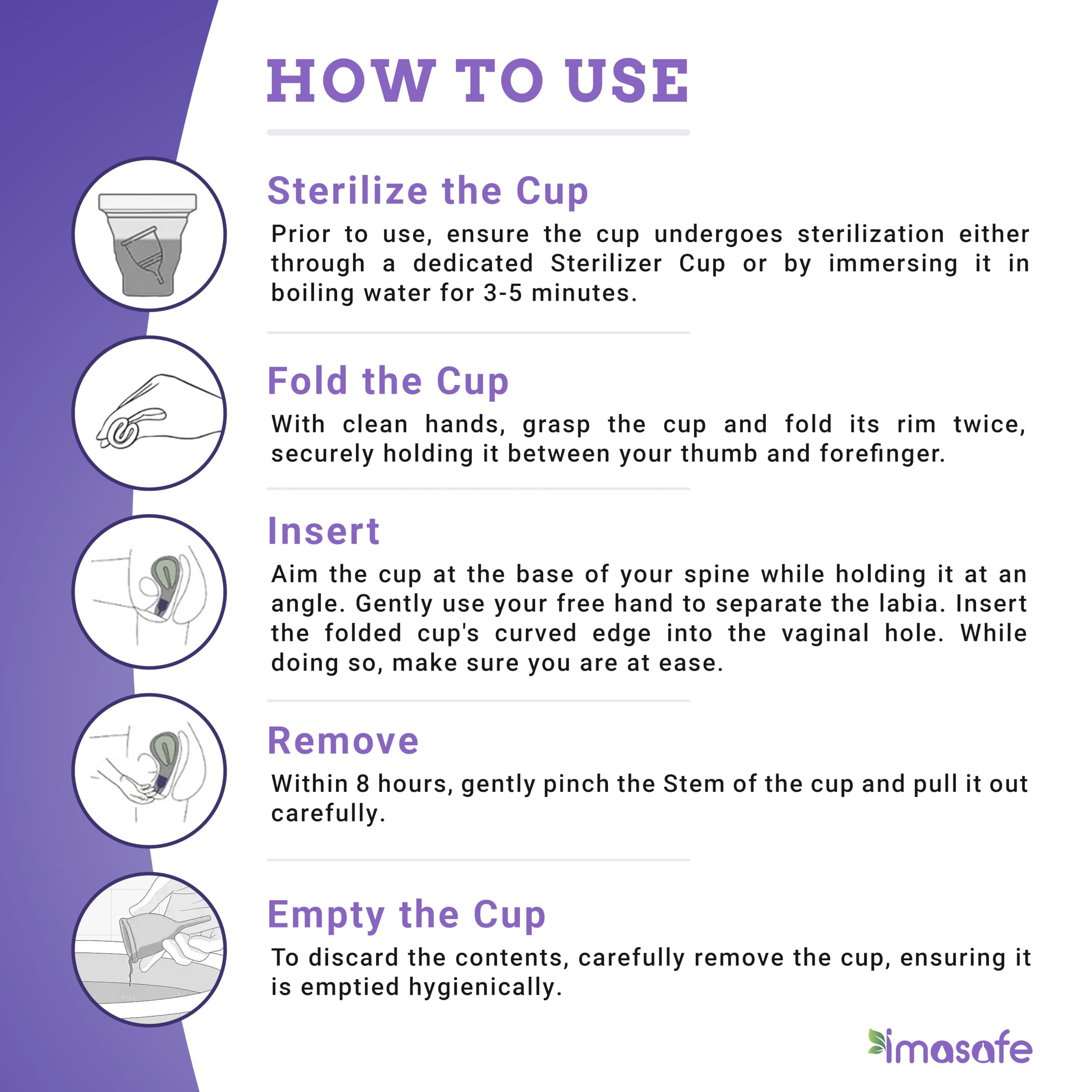 Imasafe Menstrual Cup Medium Size for Women (Purple) – Reusable Period Cup | US FDA Registered | 100% Medical Grade Silicone | Ultra Soft & Flexible | Odour, Rash & Itch Free | Leak-Proof Menstrual Cups | 8–10 Hours Protection | Period Cups for Womens 4