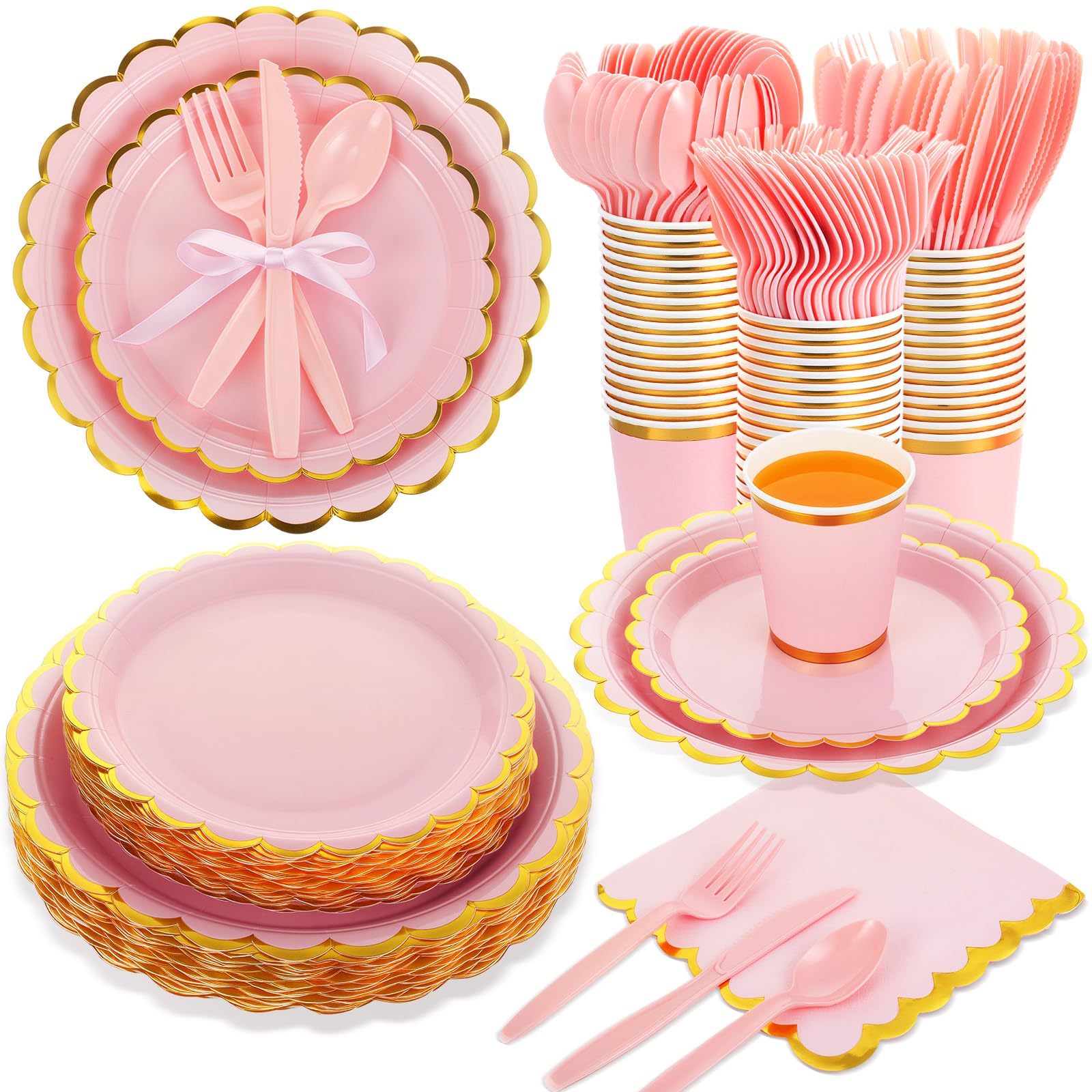 Ziliny 350 Pcs Light Pink Plates and Napkins Party Supplies for Guests Woodland Baby Shower Tableware Include Scalloped Plates Paper Napkin Cup Spoon