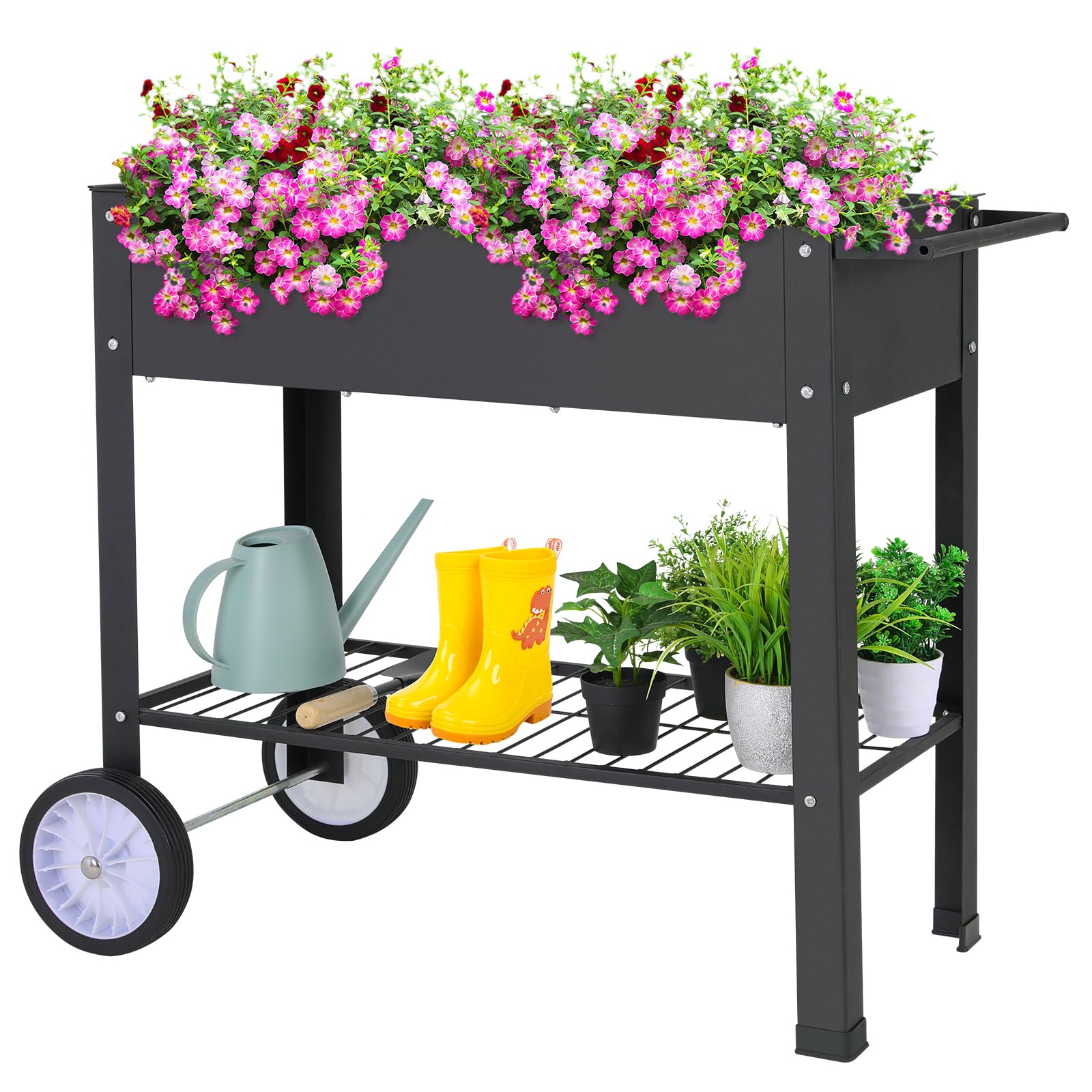 ArlopuMetal Raised Garden Bed with 7.9’’ Wheels, Portable 34'' Planter Cart for Backyard Garden, Patio, Elevated Garden Box, w/Non-Slip Handle and Mesh Shelf, for Vegetables Flowers