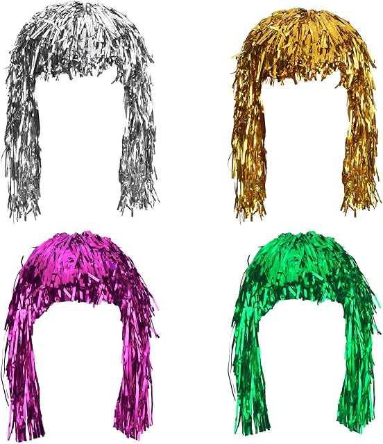 4 Pieces Foil Tinsel Wigs Fancy Dress Shiny Party Wig Metallic Costume Cosplay Supplies (Gold, Silver, Green and Pink)