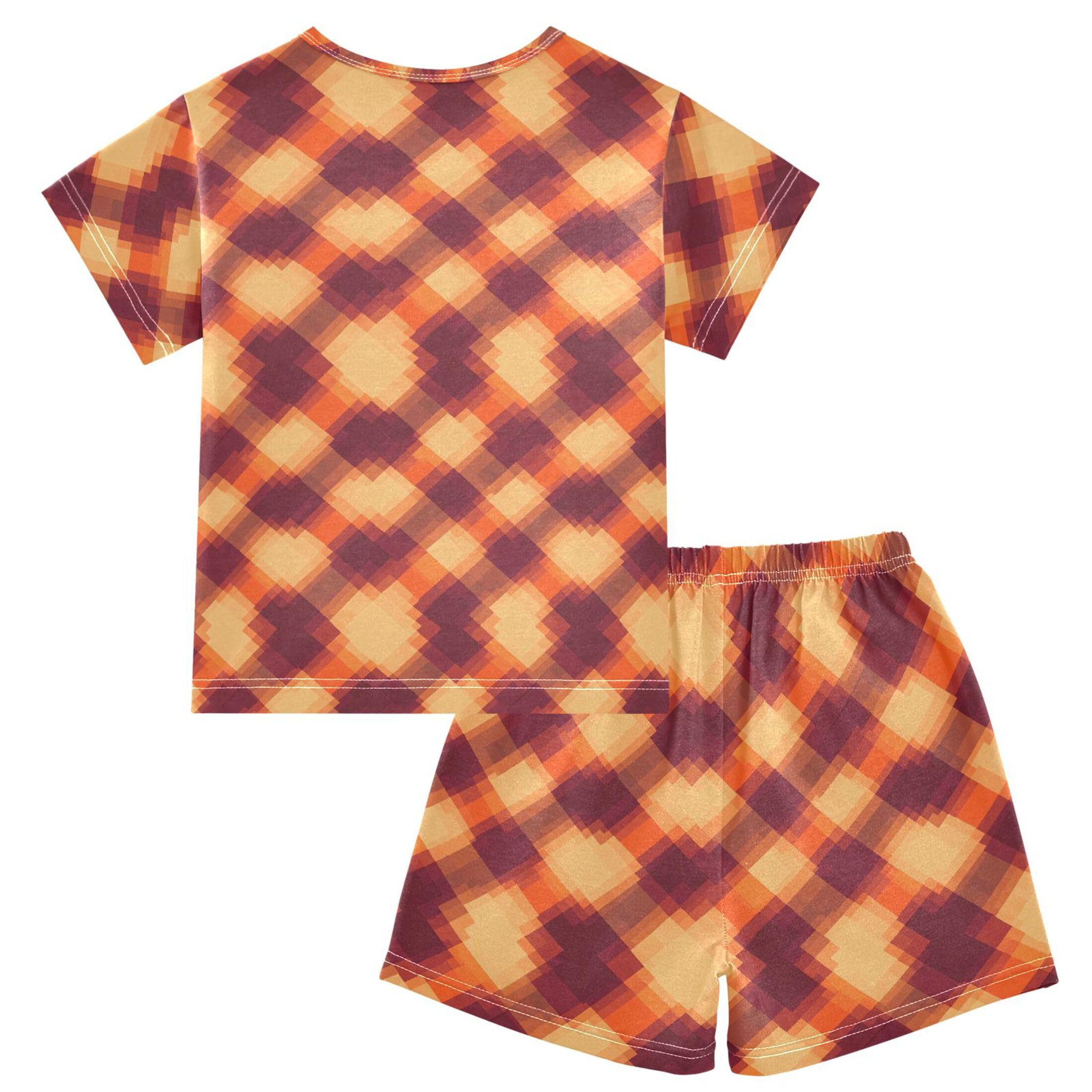 UMIRIKO Orange Buffalo Check Plaid Summer Short Sleeve Pajamas Sleepwear PJ Set B0404297