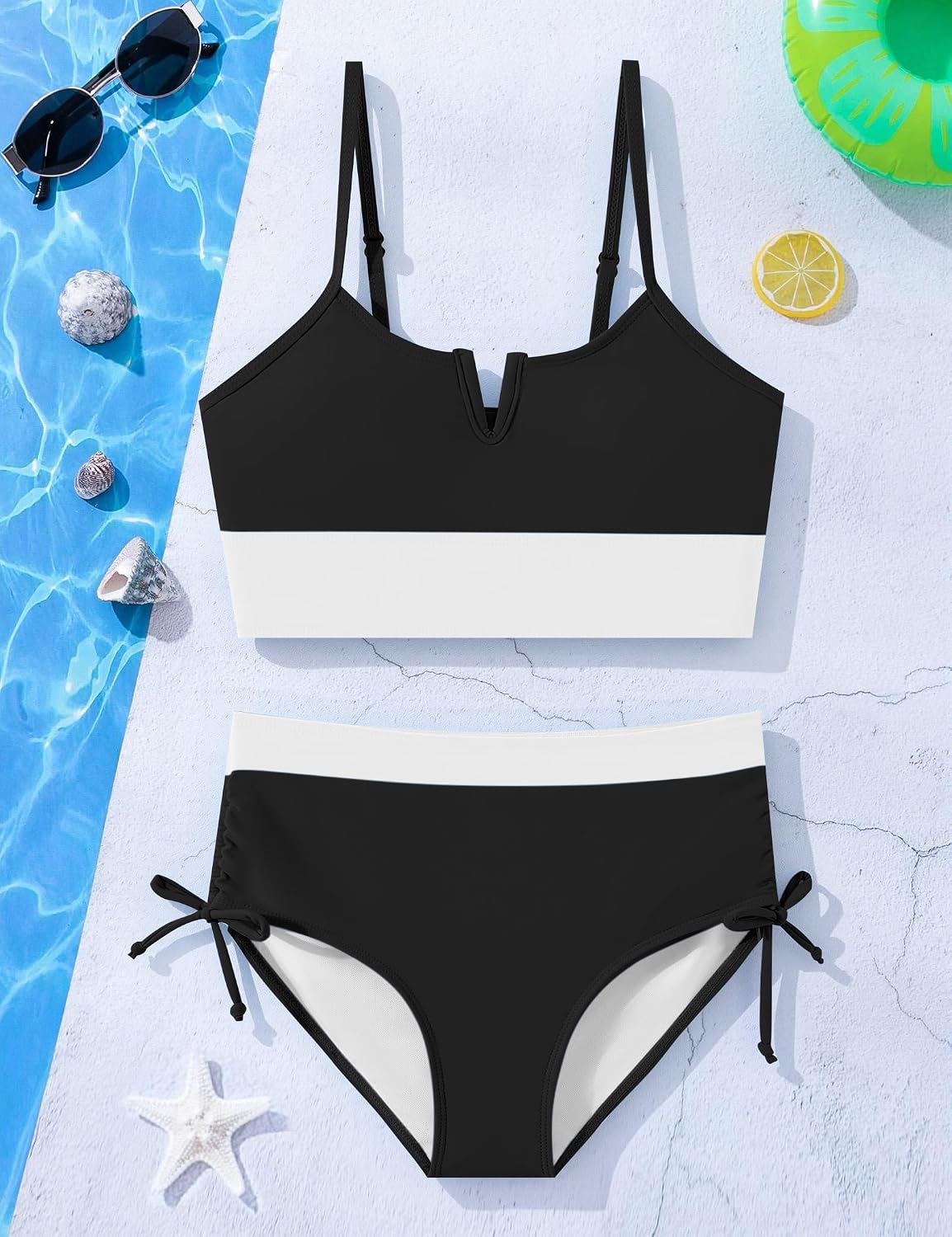Girls Bikini Set Color Block Cutout Swimwear Top High Waisted Girls Bathing Suits Two Piece Swimsuit Size 7-16