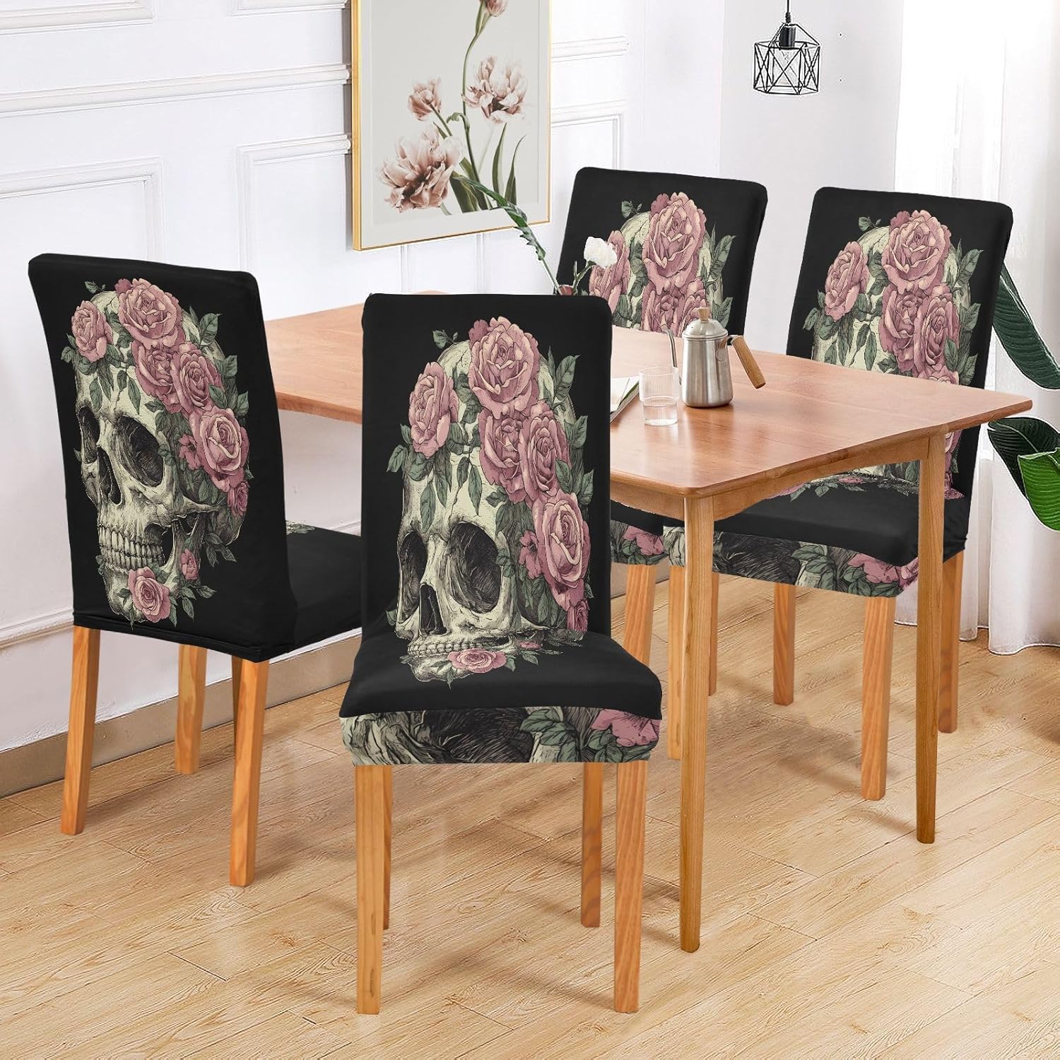 ALAZA Chair Covers for Dining Room, Skull Pink Rose Stretch Chair Cover Sets Chair Protector Removable Washable for Ktichen Restaurant Hotel