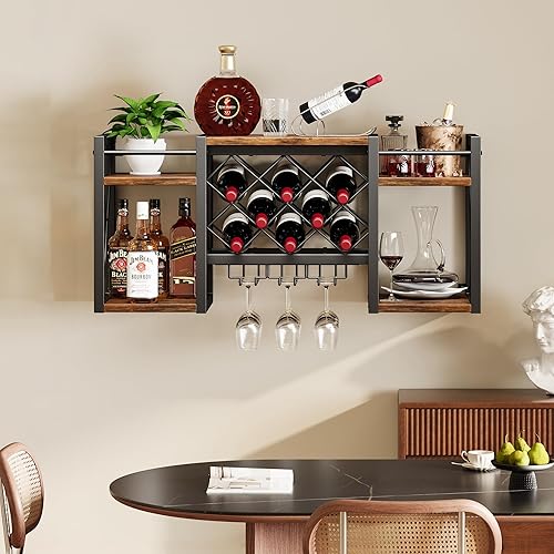 Miniatura 6 de Estante de vino montado en la pared con soporte para vidrio, estante de bar retro de madera y metal, almacenamiento de pared para cocina, comedor,