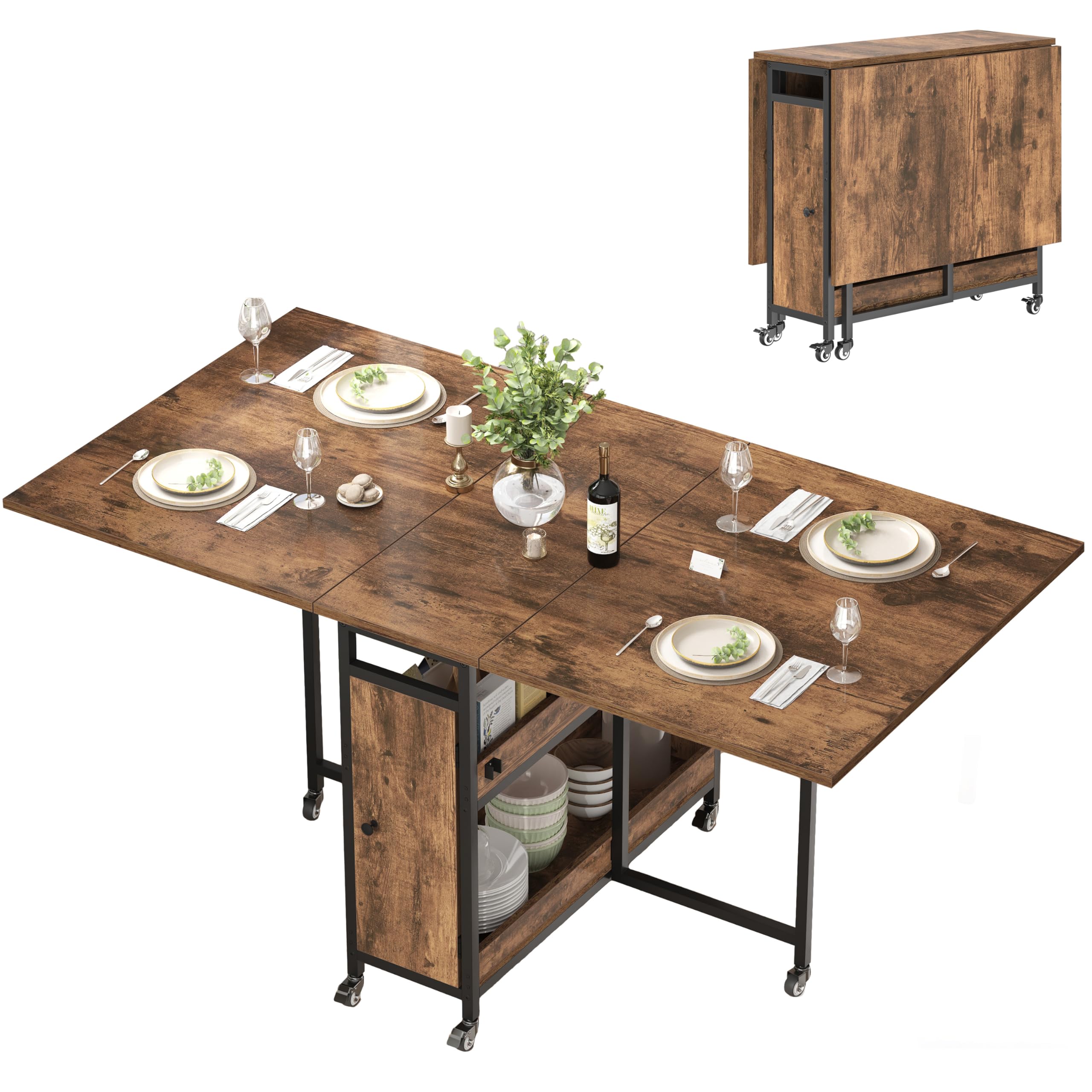 HSH Dining Table Mobile Drop Leaf Desk Wooden Metal Extendable Folding Table with Storage Shelves and Wheels, Space Saving Extending Kitchen Table for Dining Room, Rustic Brown, 130×80cm