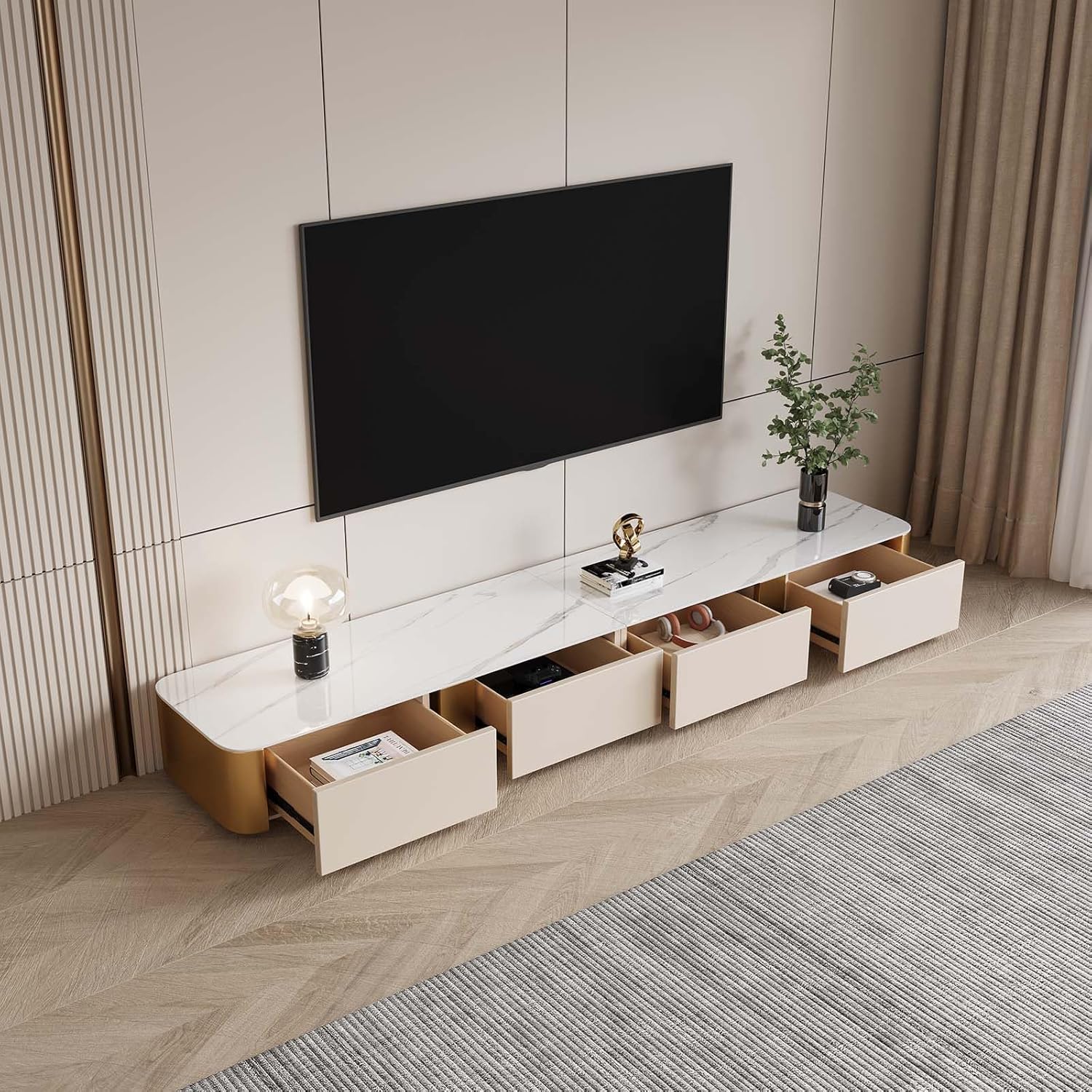 Luxury Modern TV Stand 75+ inch TV, 94.5" Entertainment Center with 6 Storage| No Assembly| Sintered Stone TV Consoles, Media Console for Living Room