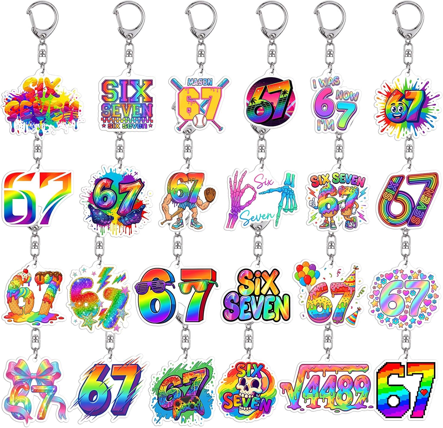 Nosiny 24 Pcs Colorful Six Seven Acrylic Keychain Funny 6 7 Keychain Bulk Number Six Seven Party Favor Gift 6 7 Party Supplies Back to School Acrylic Backpack Tags for Fun Team Coworkers Friends Gifts