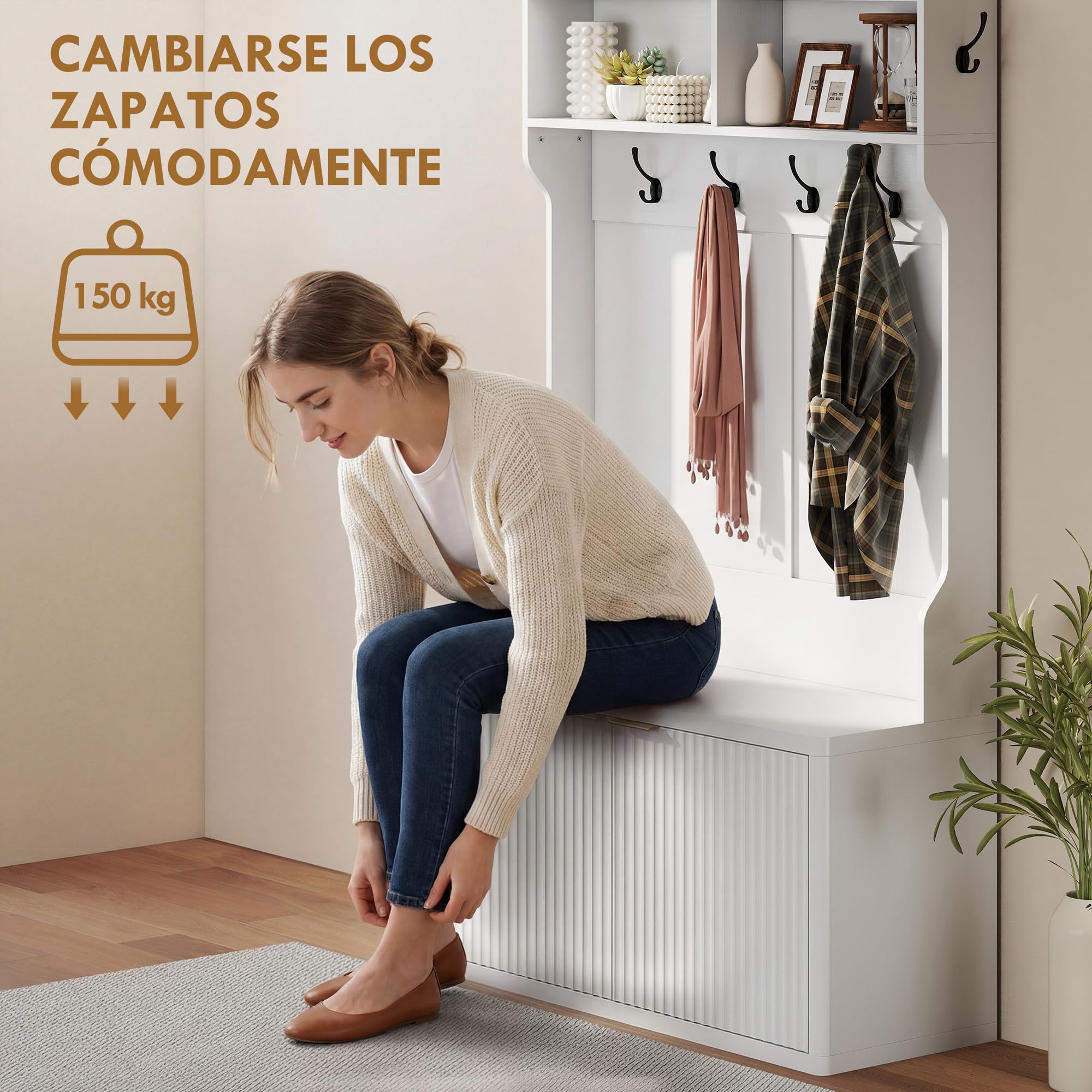 HOMCOM Perchero Zapatero con 2 Puertas y 6 Ganchos 100x38x172 cm Blanco | Perchero Recibidor Entrada, Estantes Abiertos, para Abrigos Pasillo Dormitorio Salón, Estilo Moderno