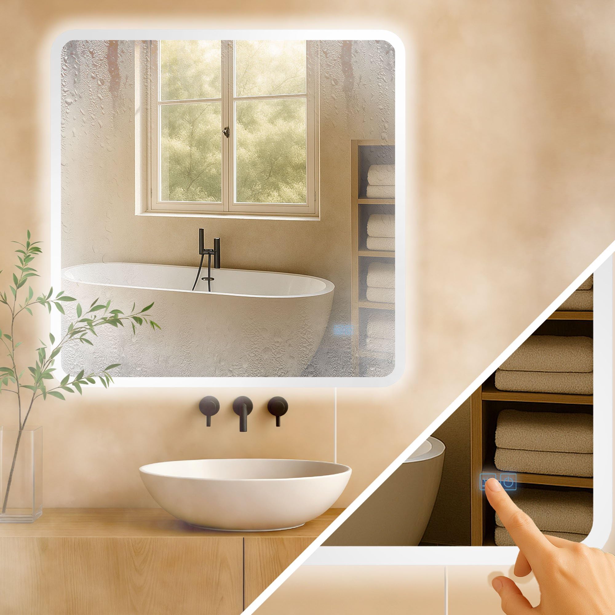 CLP Specchio da bagno Jericho con illuminazione, specchio da bagno antiappannamento, specchio da parete con luce LED, dimmerabile, Dimensione:80x80 cm