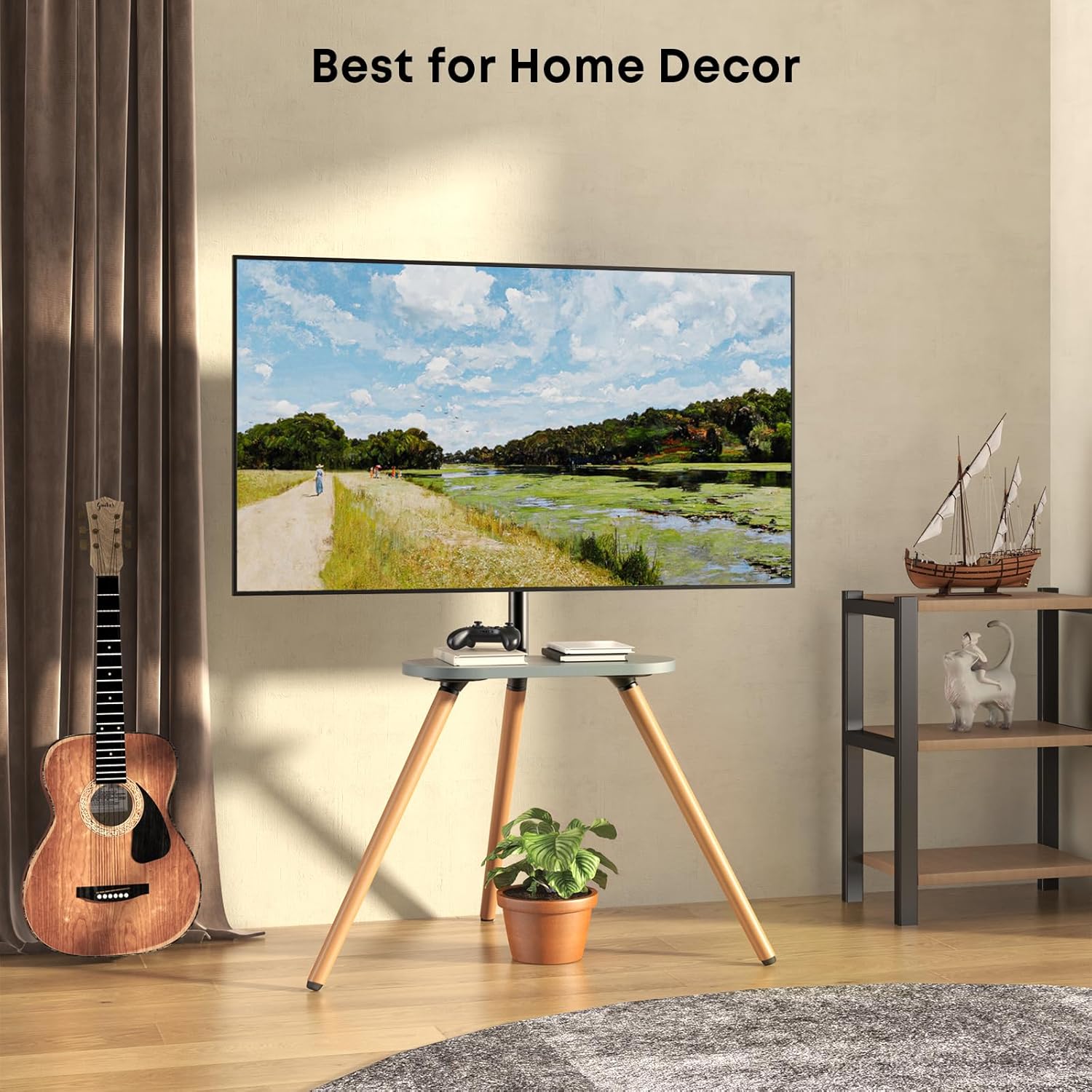 PUTORSEN Easel TV-Stand for 43-65-Inch Screens - Portable Swivel Tripod TV Stand with Wooden Tray, Height Adjustable TV Floor Stand, Max Load 77 lbs, Max VESA 400x400 mm, Black