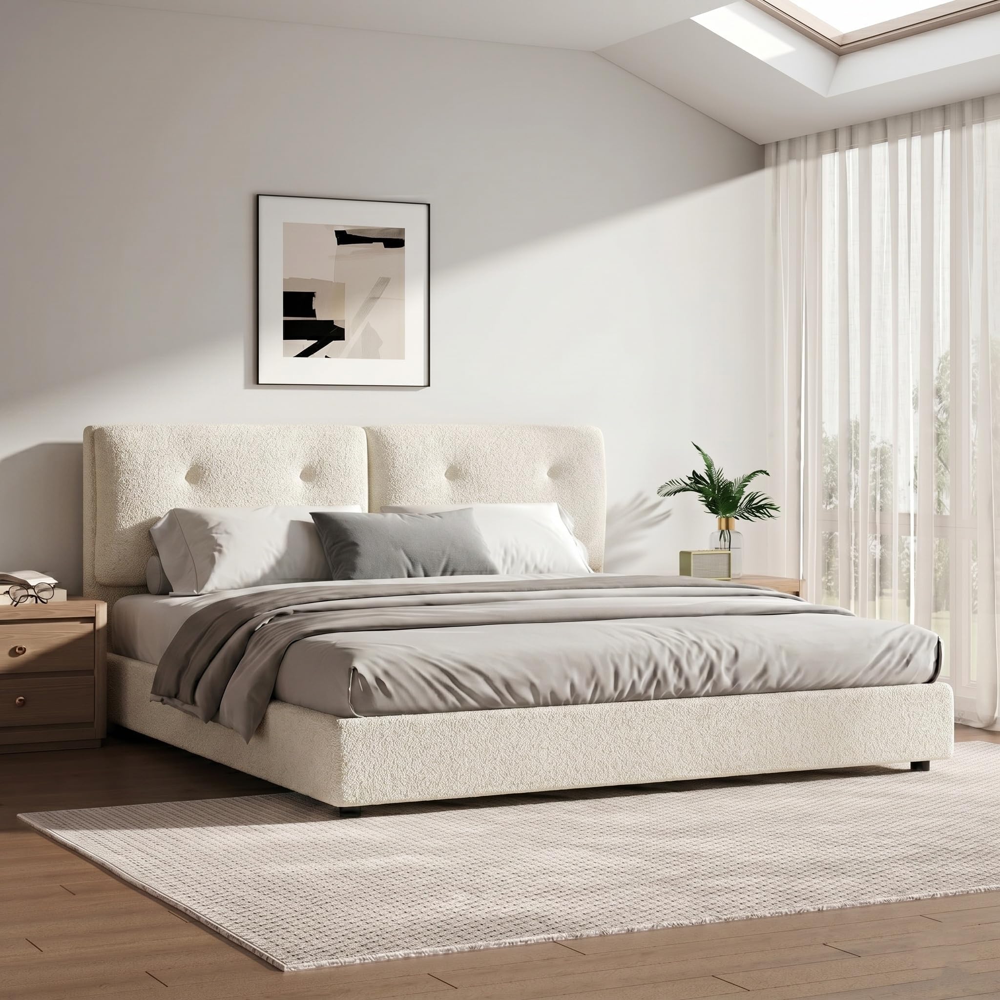 IMMERSTABLE King Size Bed Frame, Boucle Upholstered Bed Frame with Headboard, Removable and Washable, No Box Spring Needed, Wood Slat Support, Easy Assembly, White
