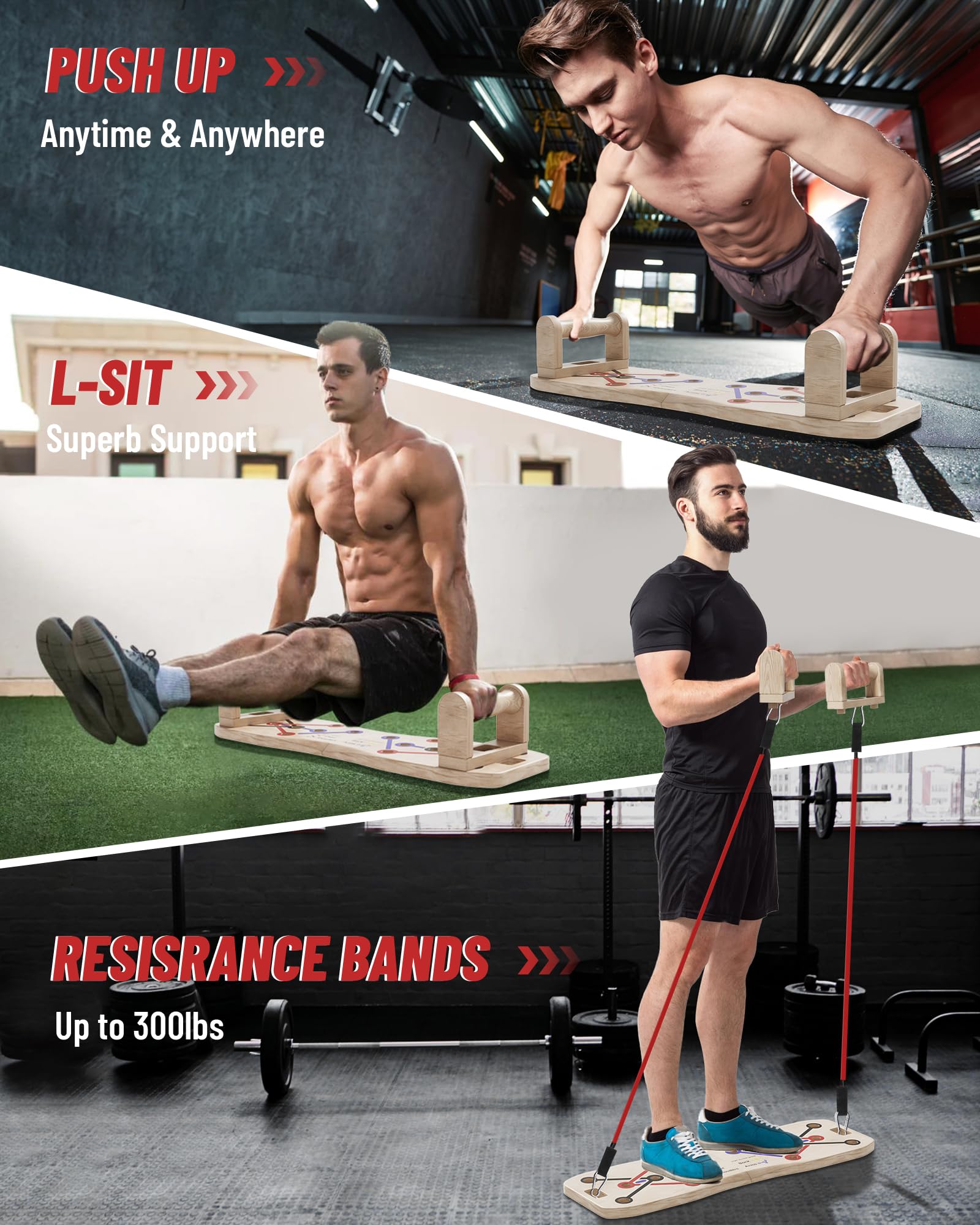 Foldable Push Up Board with Resistance Bands- Eco-Friendly Wooden Multi-Functional Portable Push Up Bar for Fitness, Professional Strength Training Equipment for Men & Women at Home Gym