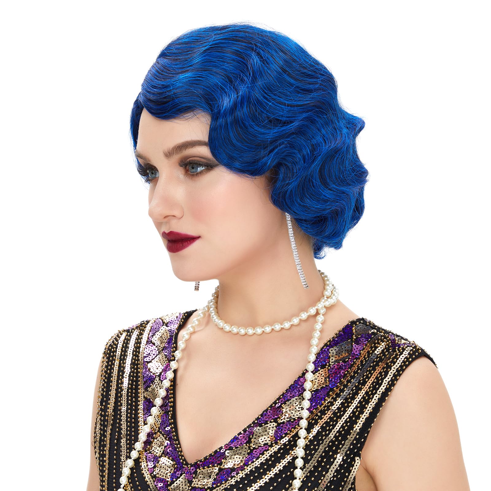 Finger Wave 1920s Wig Short Curly Fancy Dress for Women Cosplay Party 70s Costume (Dark Blue) - Image 3