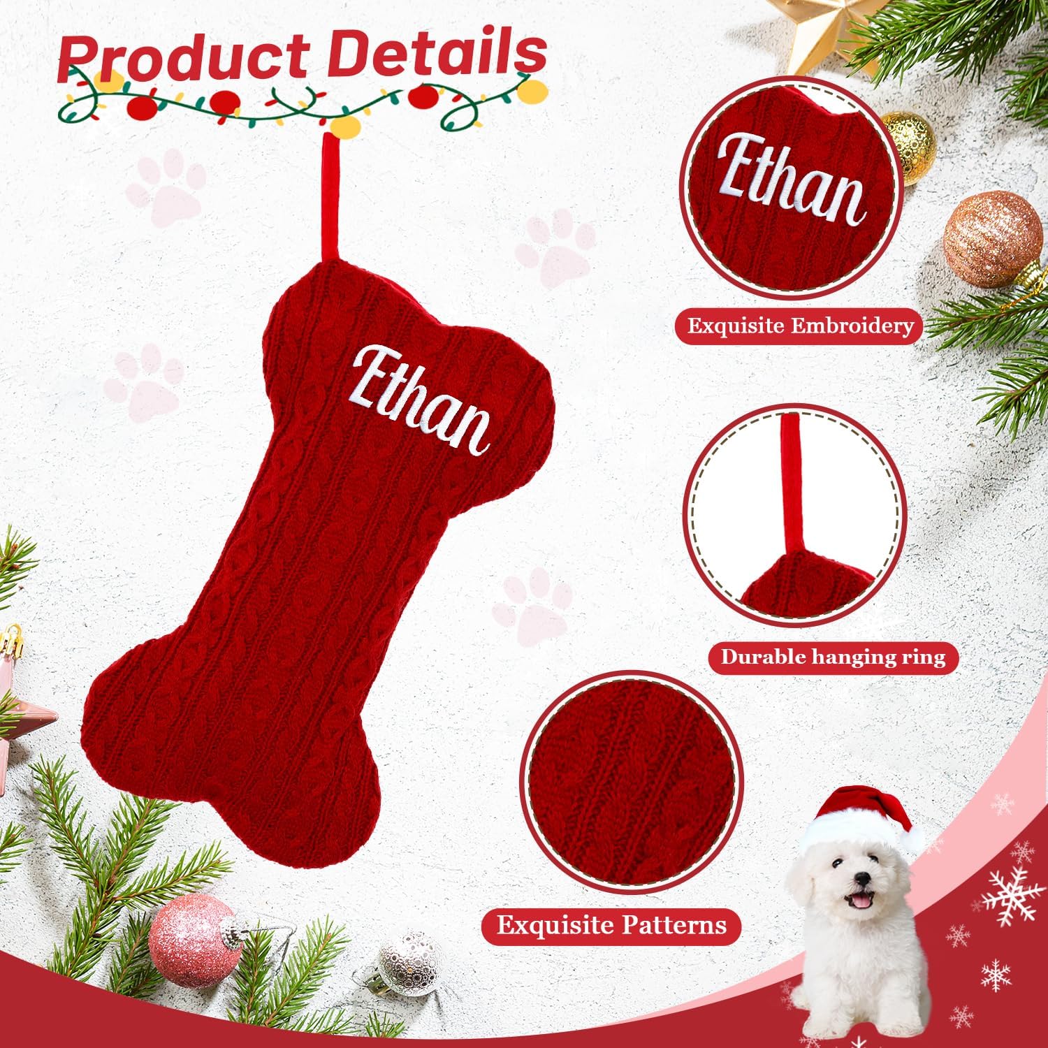 Ulico Personalized Pet Christmas Stocking, Large Custom Embroidered Name Stocking for Dogs Cats,Bone Shape Stockings,Xmas Decorations Fireplace Hanging Stockings Family Holiday Stockings （3 pcs）
