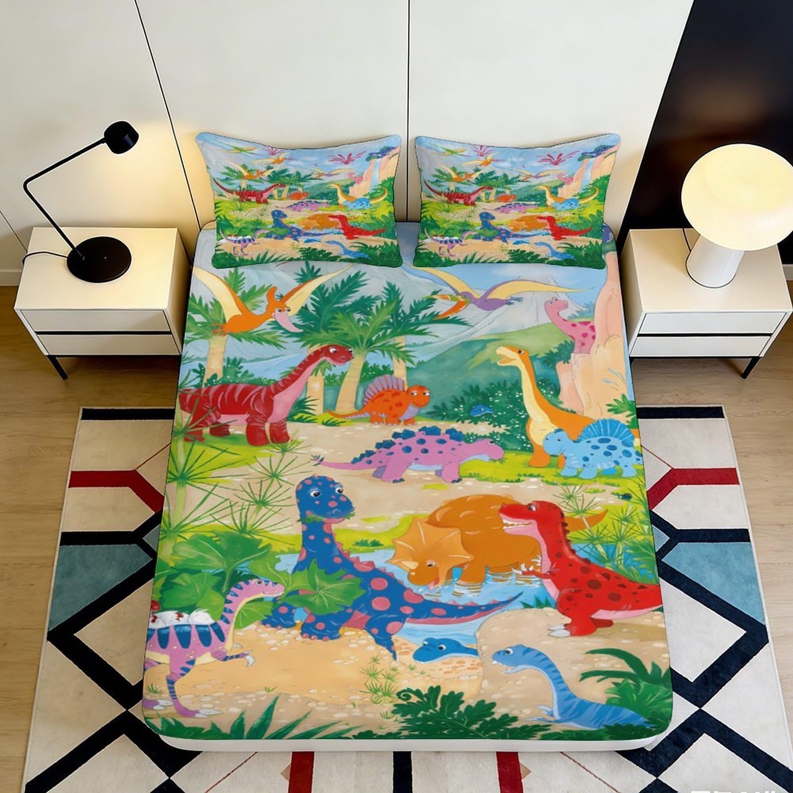 3D Printed Dinosaur Jungle Fitted Sheet Microfiber Soft Breathable Cartoon Bed Cover for Bedroom Guest Room Decor 90x200x25cm