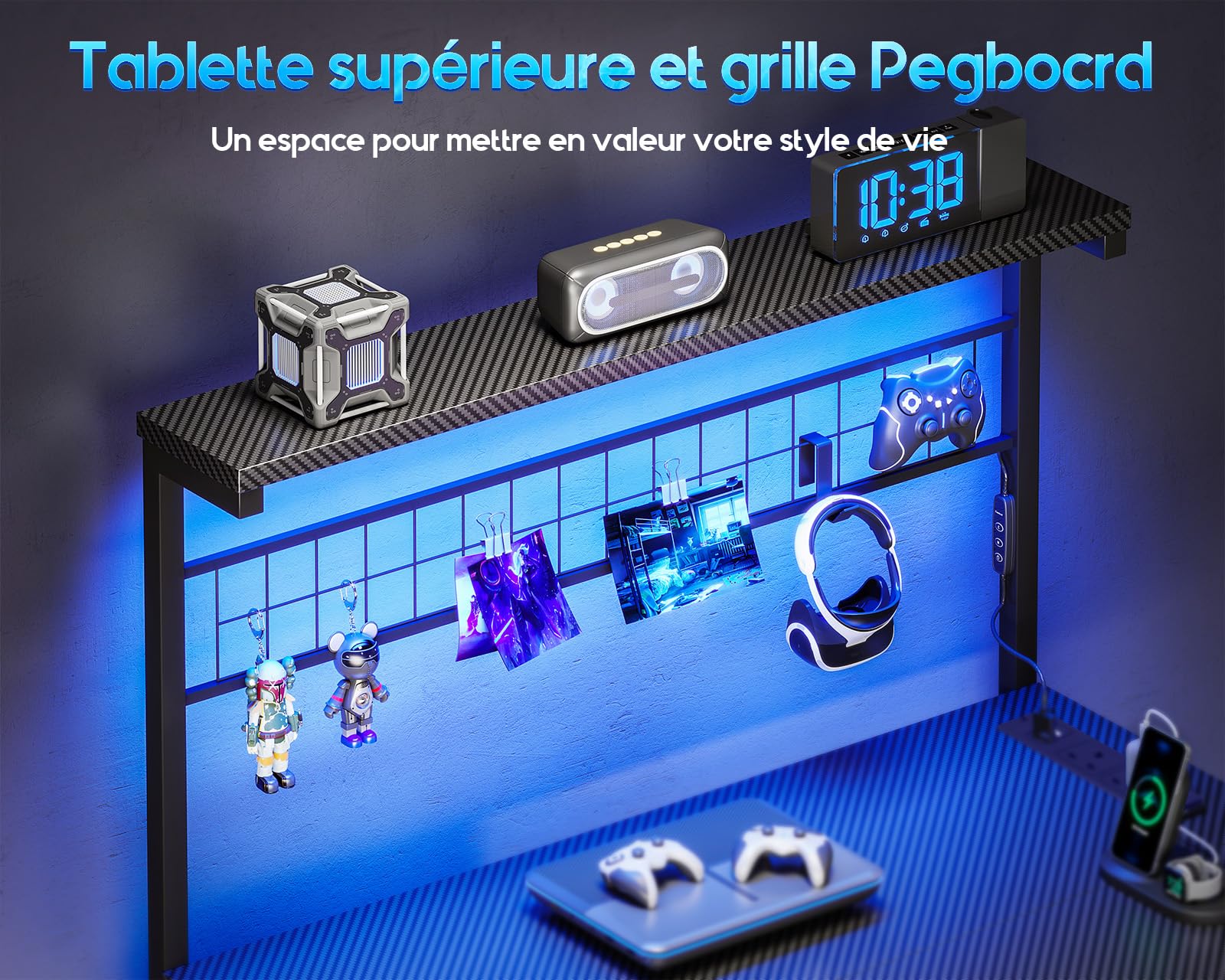 Coleshome Bureau Gaming avec LED, 110 x 80 cm Réversible Table Gaming avec Tiroirs et Prises de Courant, Bureau d'angle avec Compartiment de Rangement (Noir Carbone)