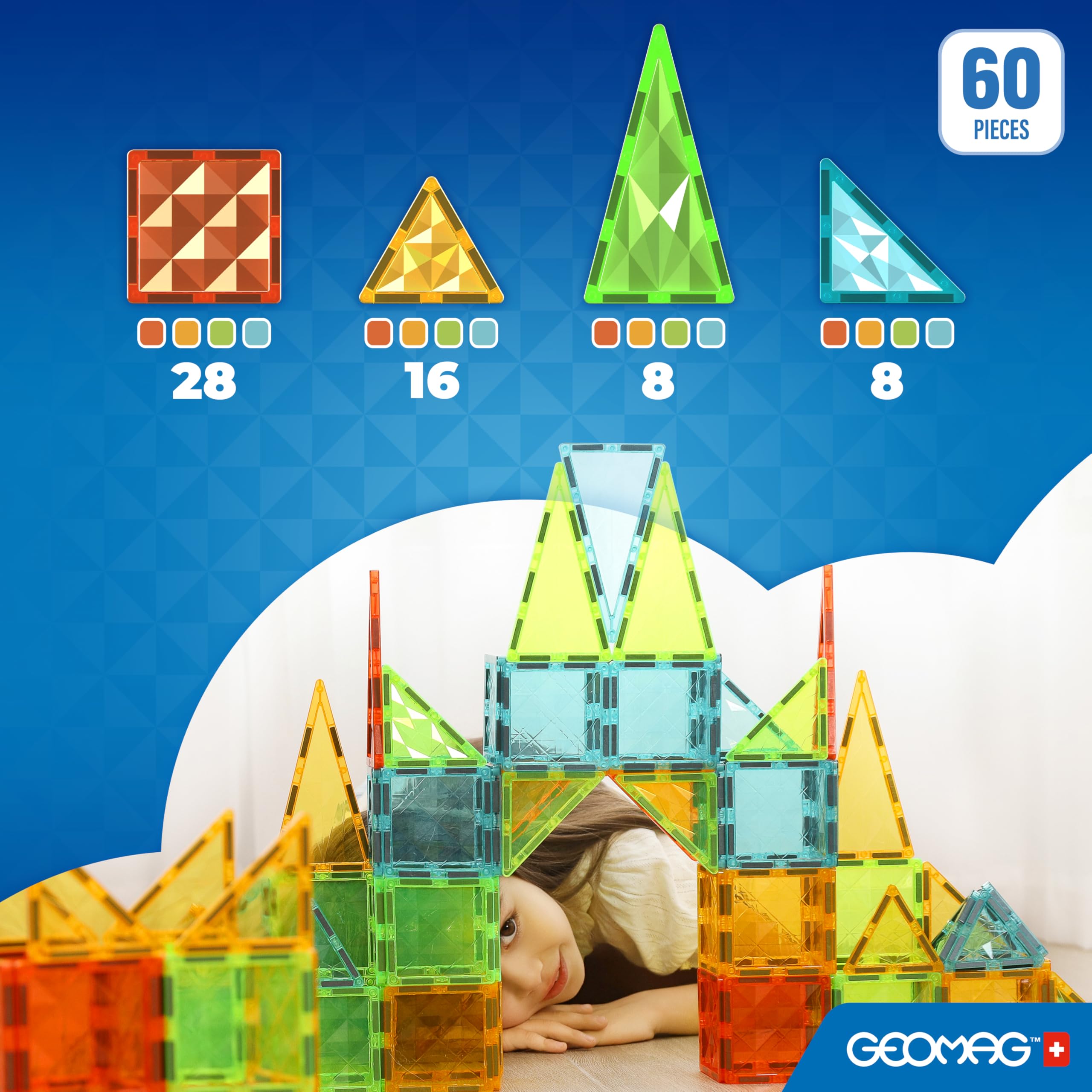 Geomag - Magnetic Tiles Gems 60 Teile, Magnetspiel für Kinder mit Fliesen in 4 Formen, Montessori Spielzeug ab 3 Jahr, Lernspielzeug Stem Spielzeug, Geburtstag und Nikolaus Geschenke Kinder