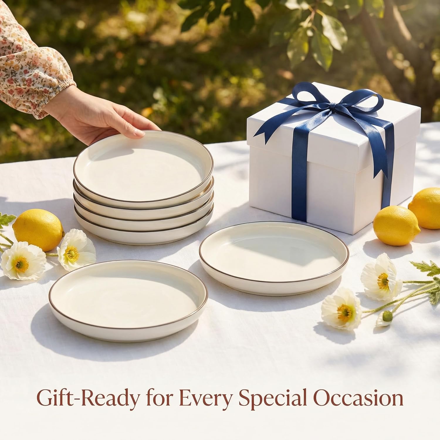 8 inch Salad Plates Set of 6, Small Ceramic Dinner Plates with Dark Brown Rim, 16.9 oz Round Dishes for Lunch, Appetizer, Dessert, Pasta, Steak, Farmhouse Style, Microwave & Dishwasher Safe