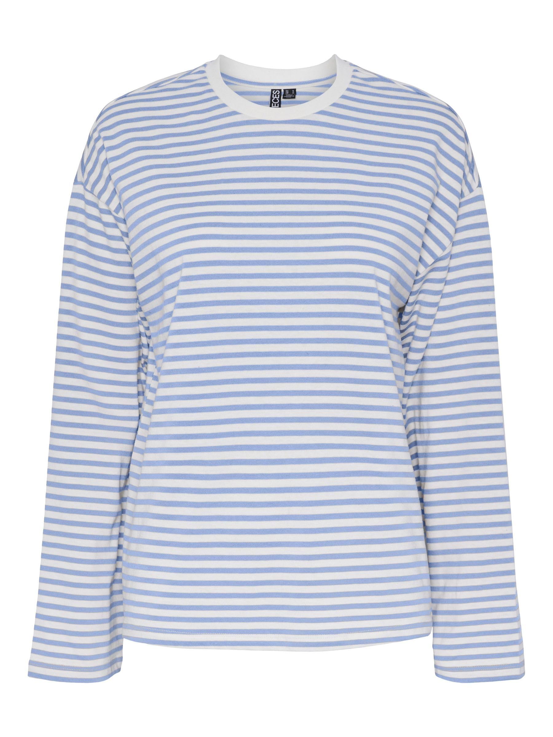 PIECES Women's Pcsadie Ls Top Noos Longsleeve T-Shirt, Cloud Dancer/Stripes: Hydrangea, S