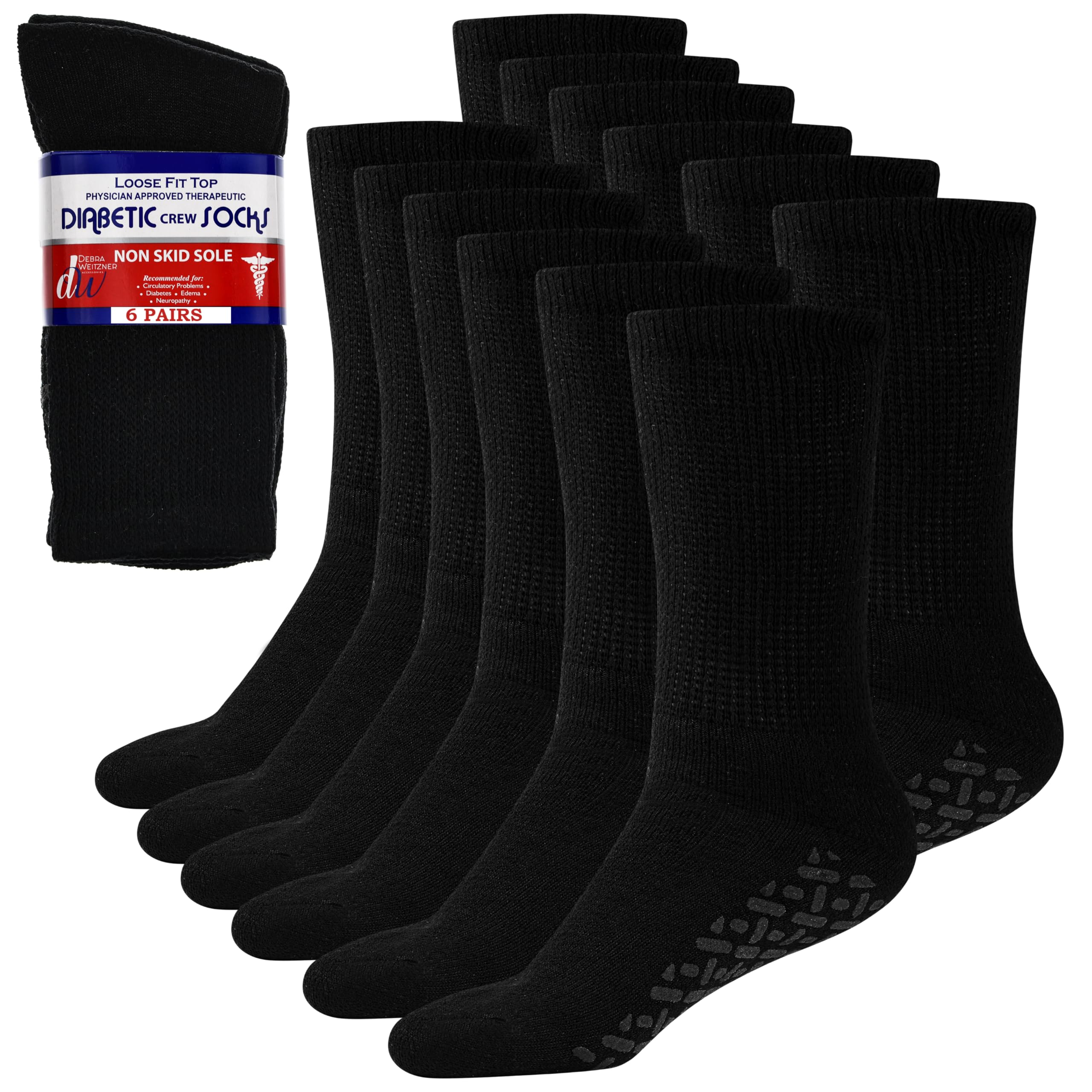 6Pk Non-Binding Loose Fit Sock - Non-Slip Diabetic Socks for Men and Women - Crew, Ankle