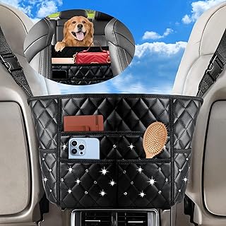 Purse Holder for Car,Car Purse Handbag Holder Between Seat,PU Leather Car Purse Holder with 7 Extra Pocket,Large Capacity Car Net Bag Organizer Barrier of Back Seat Dog Kids Seat Storage With Diamond