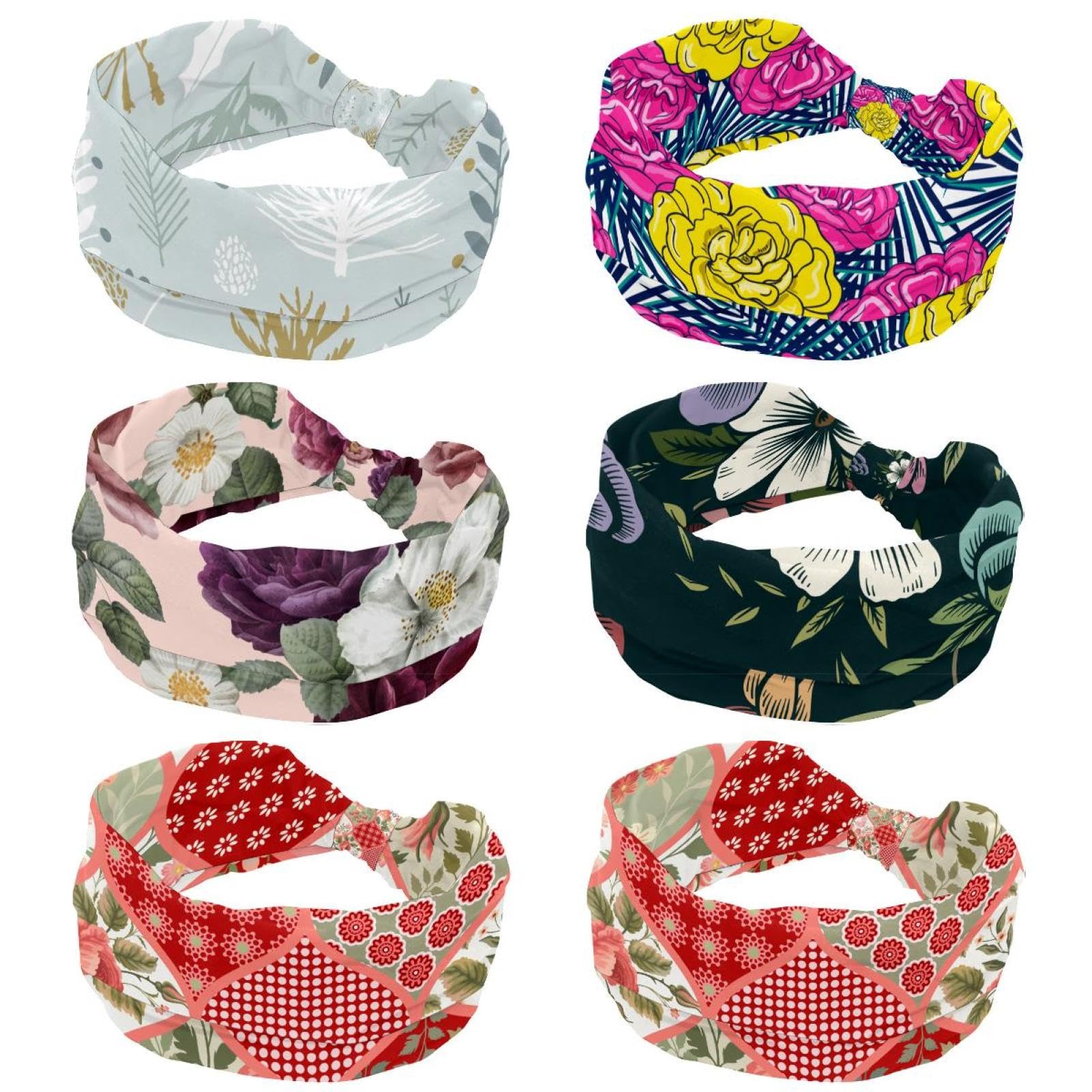 Lot de 6 bandeaux élastiques larges et antidérapants avec fleurs dessinées à la main pour femme - Pour le yoga, la sueur, le sport, l'entraînement