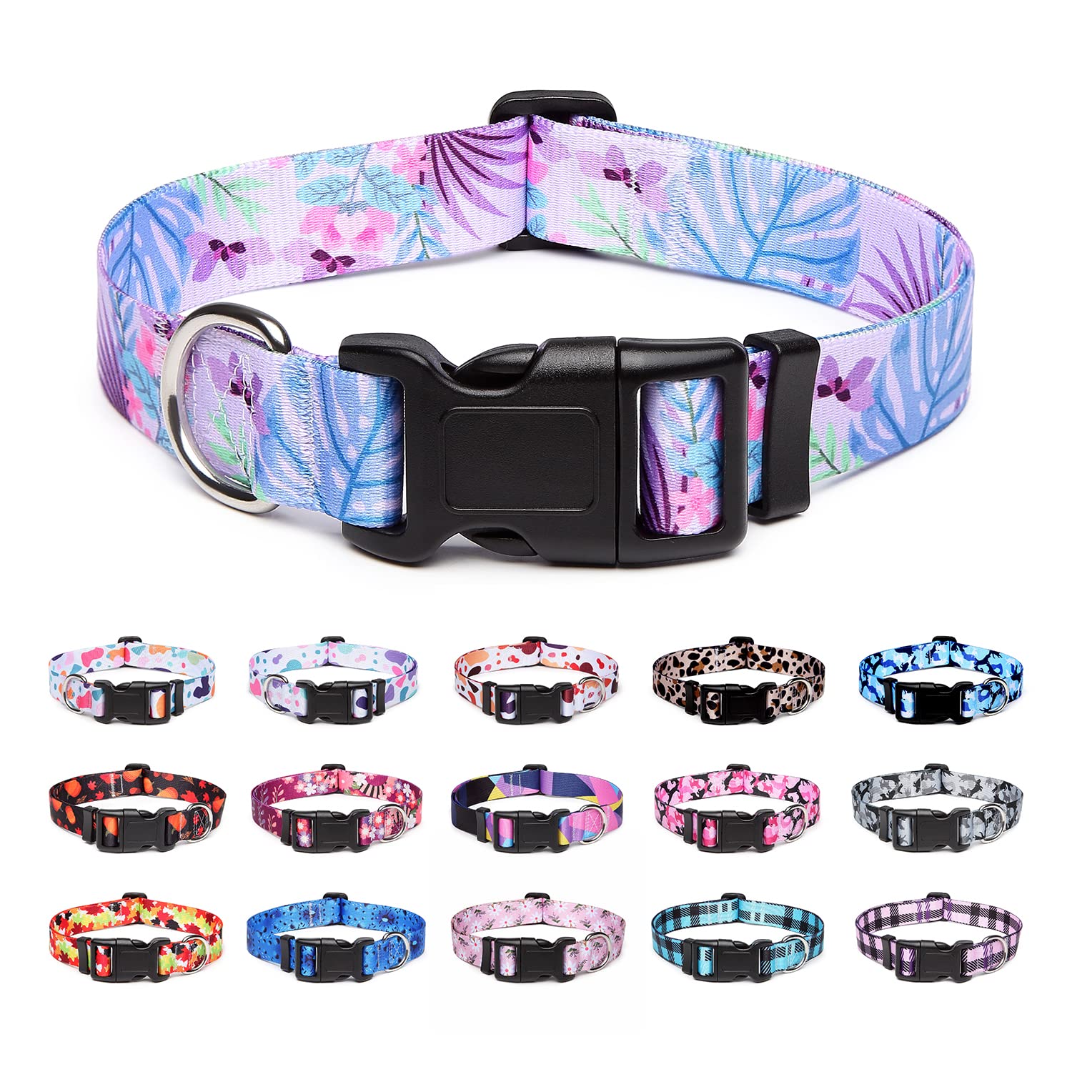Suredoo Adjustable Dog Collar with Patterns, Ultra Comfy Soft Nylon Breathable Pet Collar for Small Medium Large Dogs (S, Purple Flower)