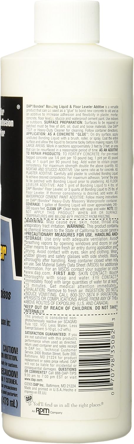 DAP 7079835082 Bonding Liq Floor Lev Additive Raw Building Material, 1 Pint, White - Floor Leveling Compounds - 