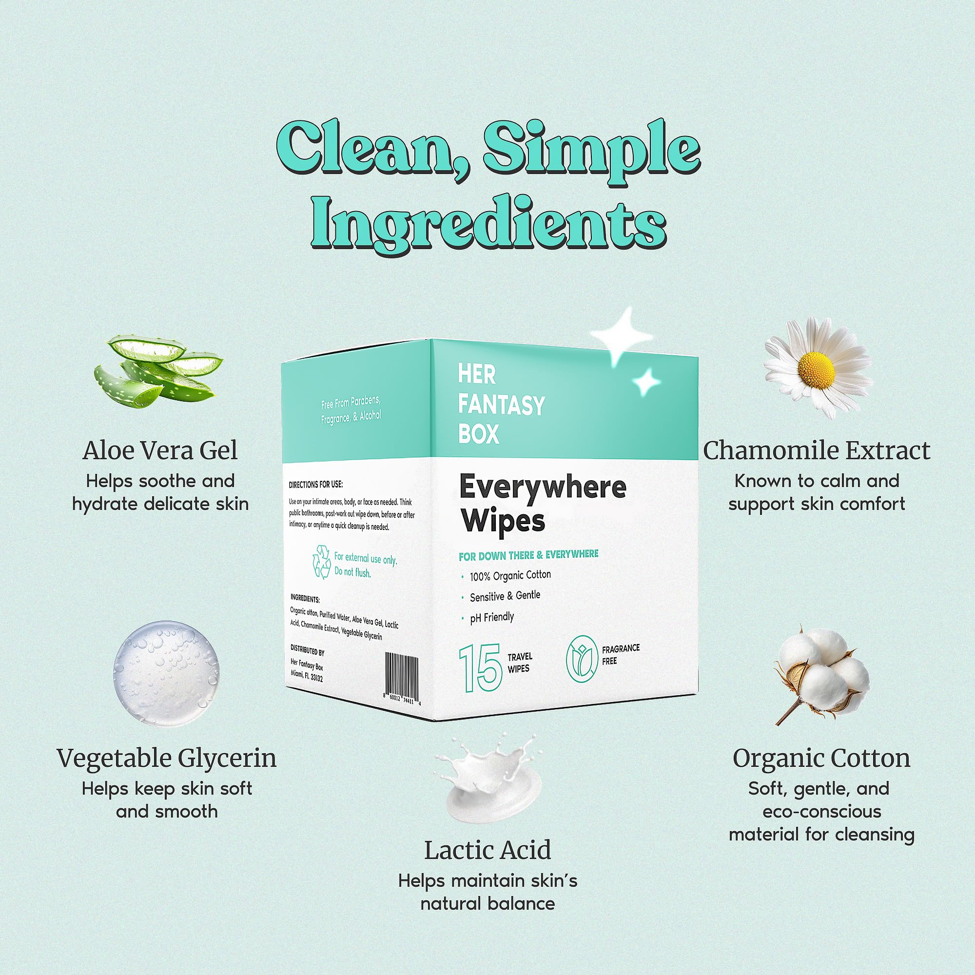 Her Fantasy Box | Everywhere Wipes – 100% Organic Cotton, Gentle & Refreshing, pH-Balanced, Fragrance-Free, Plant-Powered for Body, Face & Intimate Areas, Ideal for Sensitive Skin - 1 Pack, 15 Wipes