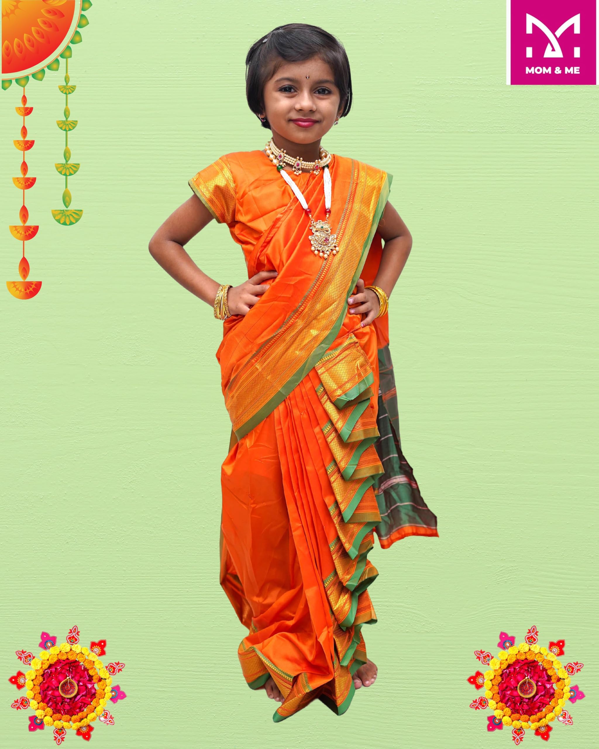 Mom and Me Nauvari Saree for Girls/Baby Girl, Ready to Wear, Marathi Maharashtrian Traditional Saree, Festival Outfit for Puja, Ganpati Festival, School Programs stitch Blouse (Mustard, 2-3 Y) - Image 3 thumbnail