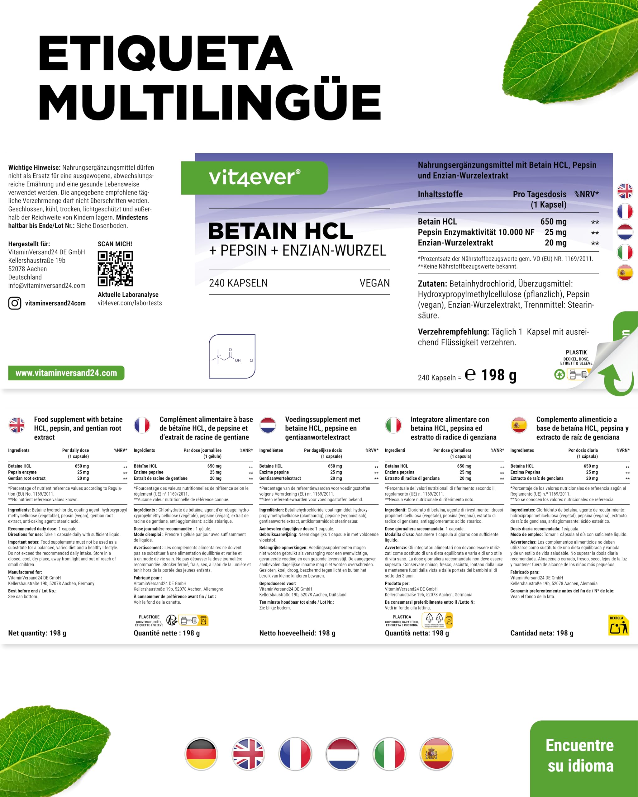 Betain HCL - 240 cápsulas con 650 mg Betaína HCL - Premium: Con pepsina y genciana amarga - Enzimas digestivas de amplio espectro - Alta dosis - Vegano