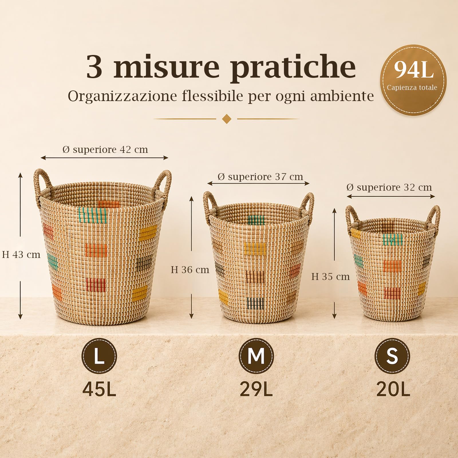 Cesti portaoggetti in seagrass set di 3, intrecciati a mano in Vietnam con manici, cesto portabiancheria boho 45L/29L/20L per soggiorno, bagno, camera e cameretta